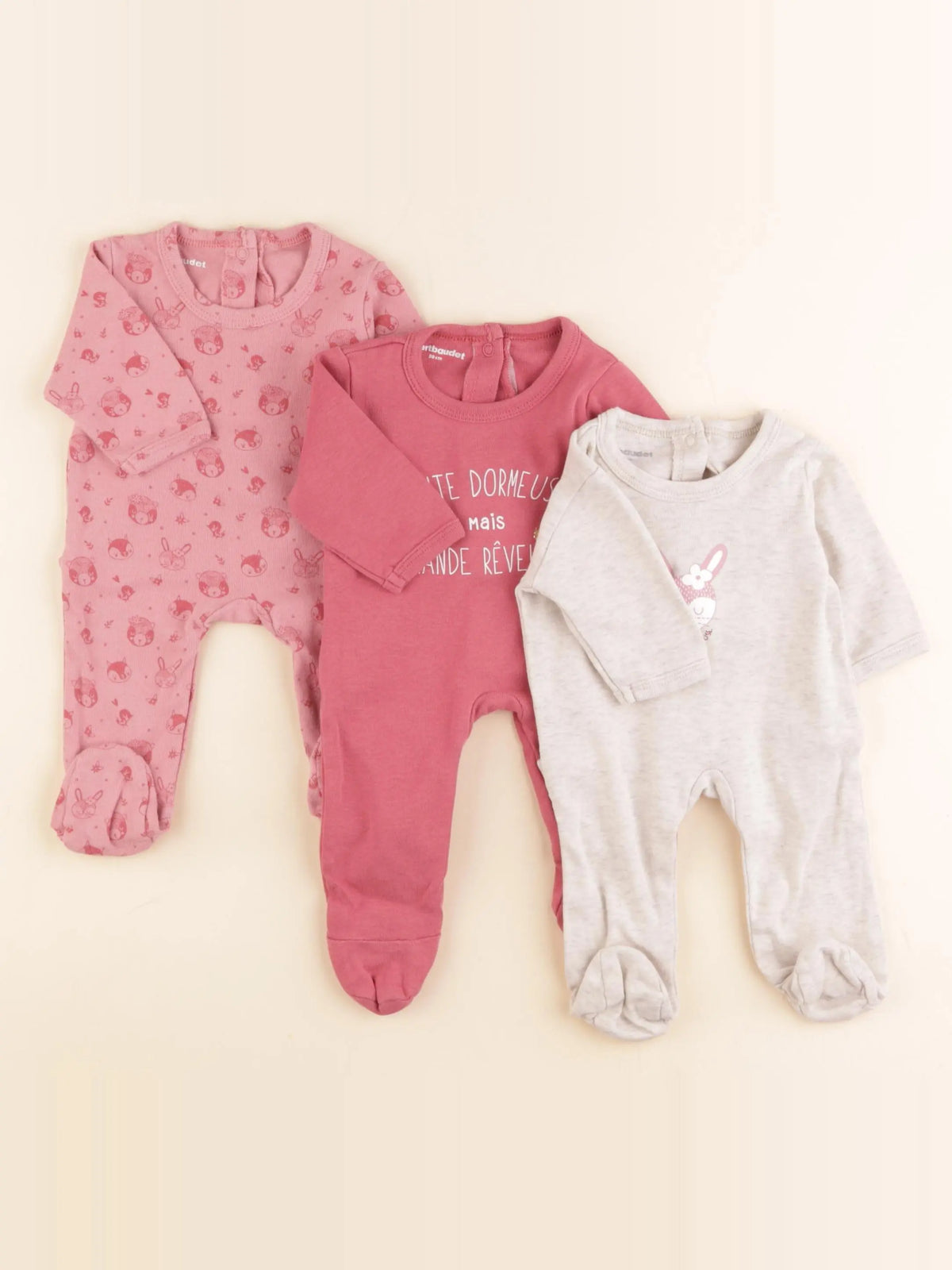 Vertbaudet - lot de 3 pyjamas coton multicolore - 0 mois