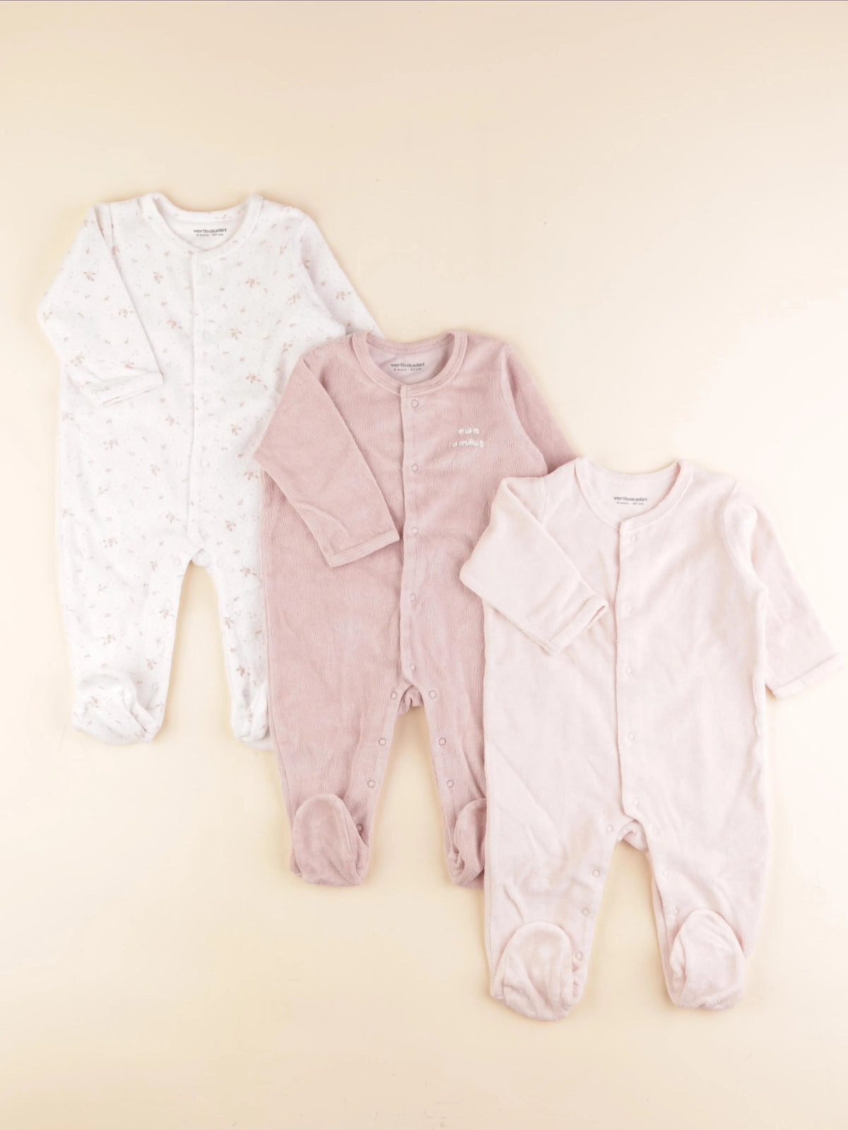 Vertbaudet - lot de 3 pyjamas velours blanc, rose - 6 mois