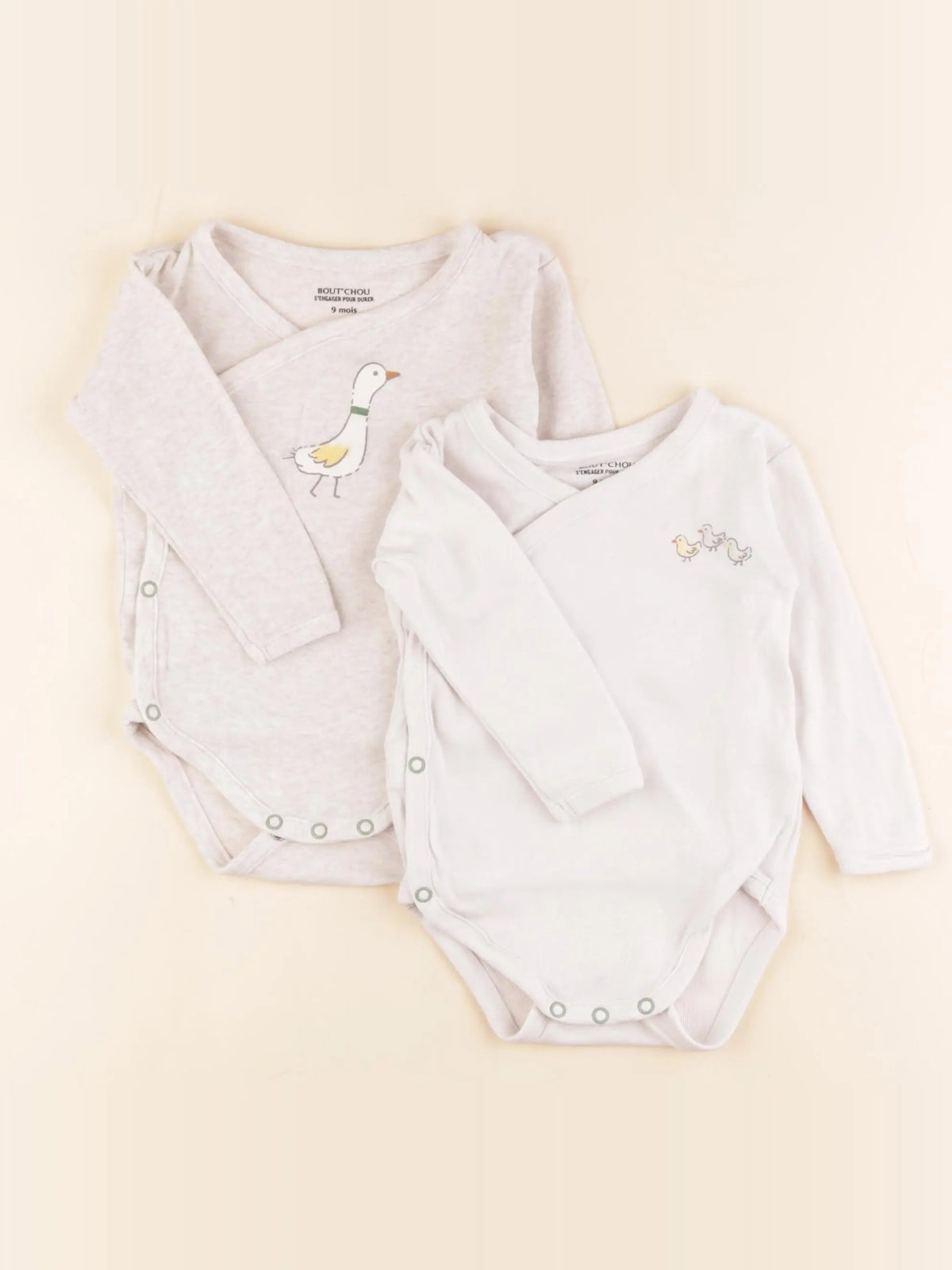 Boutchou - lot de 2 bodies en coton blanc, beige - 9 mois