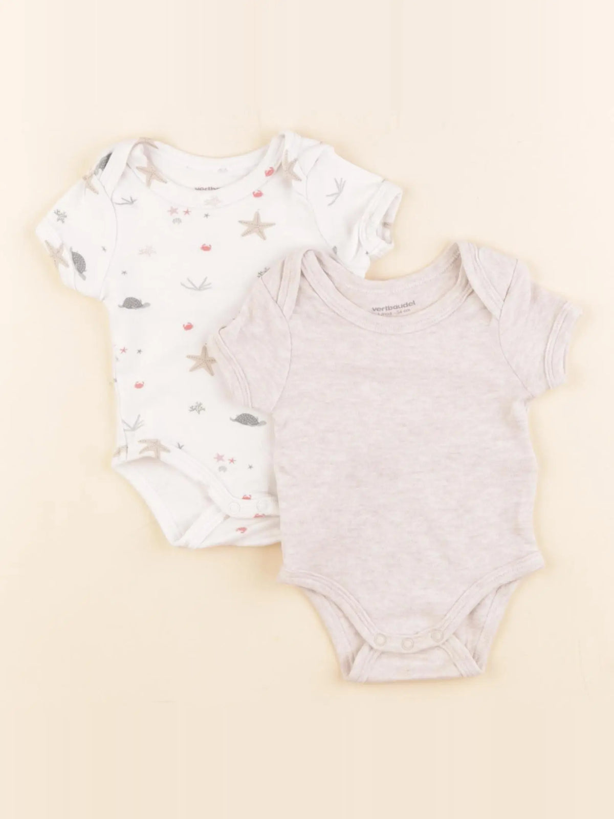 Vertbaudet - lot de 2 bodies en coton beige, blanc - 1 mois
