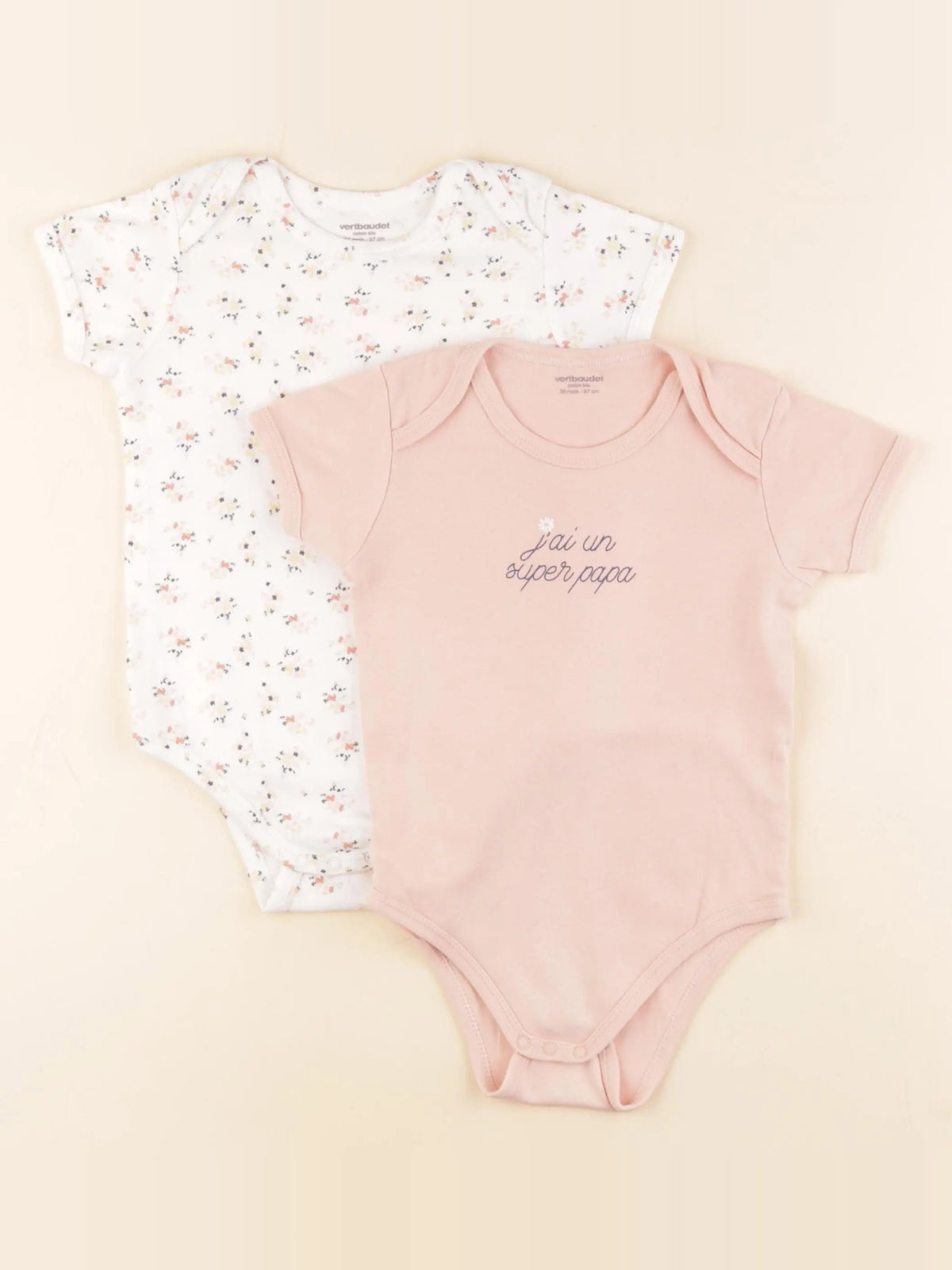 Vertbaudet - lot de 2 bodies en coton blanc, rose - 36 mois