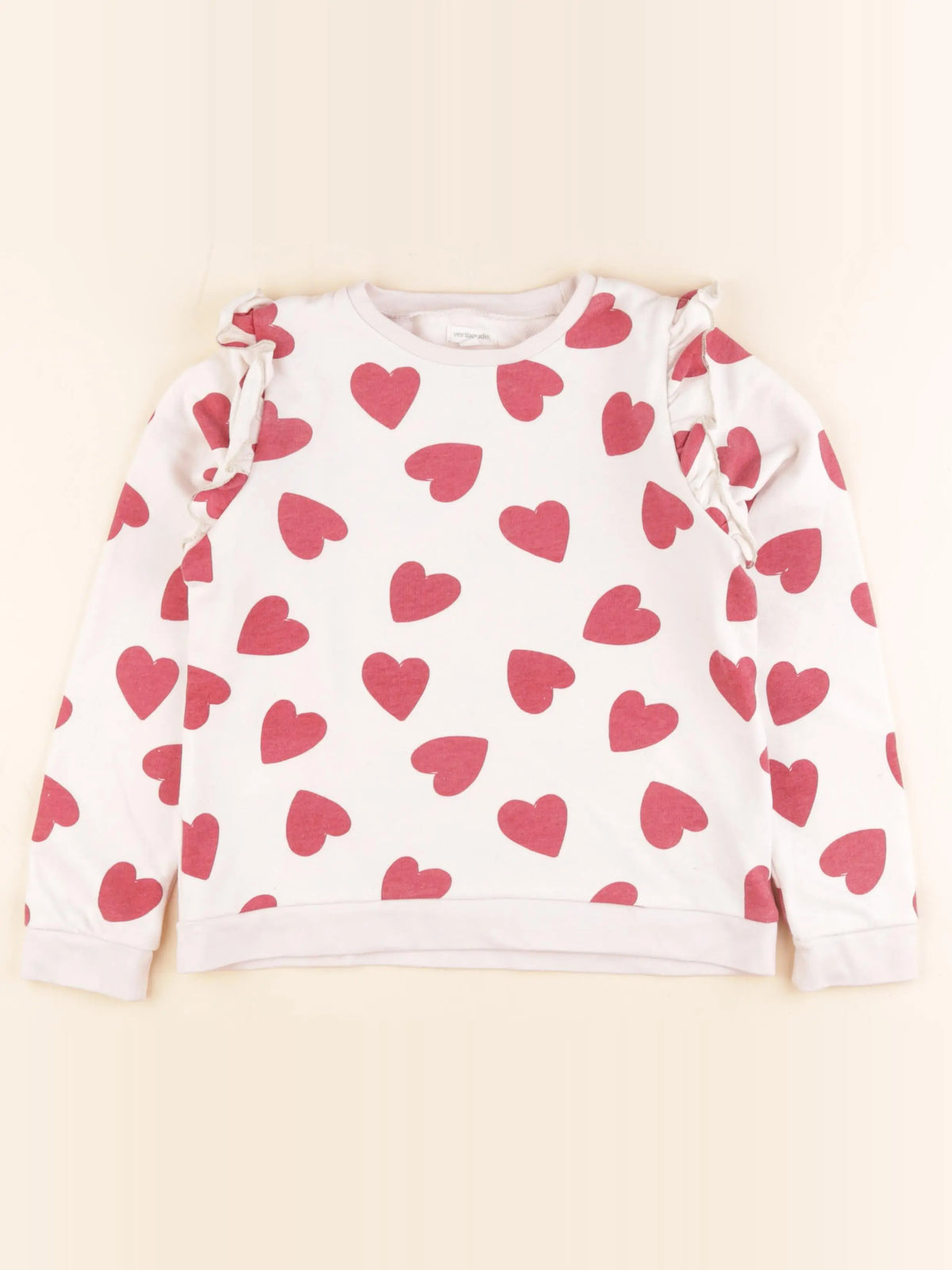 Vertbaudet - sweat beige, rouge - 10 ans