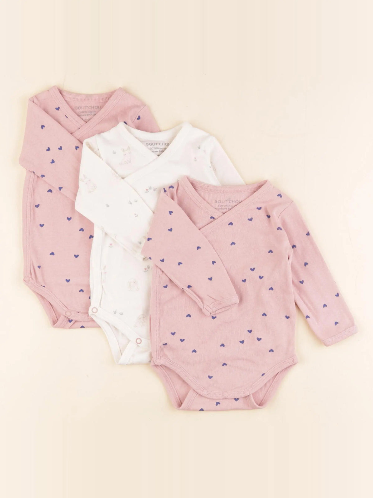 Boutchou - lot de 3 bodies en coton rose, blanc - 3 mois