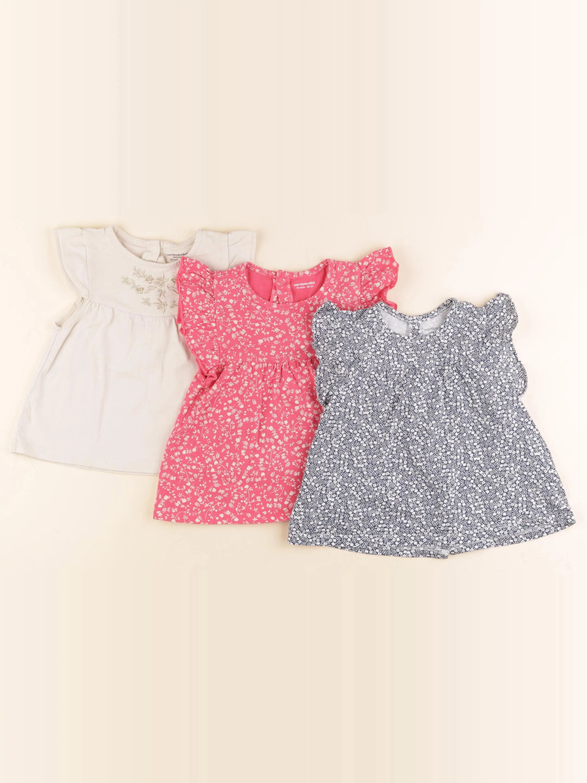Vertbaudet - lot de 3 tee-shirts bleu, rose, beige - 24 mois