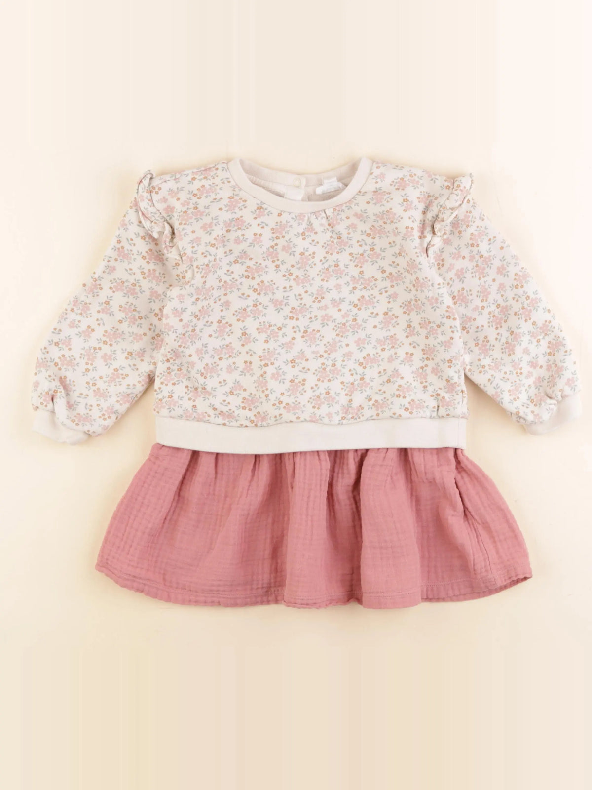 Vertbaudet - robe beige, rose - 3 ans