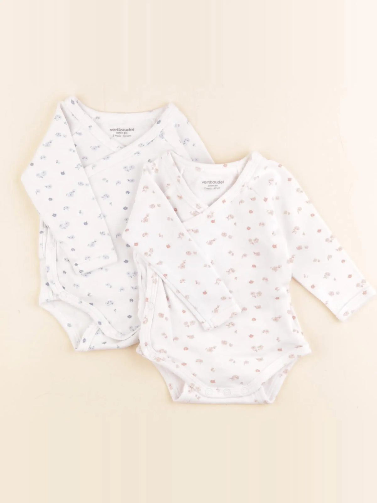 Vertbaudet - lot de 2 bodies en coton blanc, bleu, rose - 3 mois
