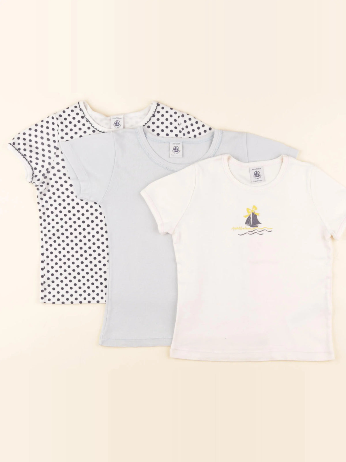 Petit Bateau - lot de 3 maillots de corps bleu, beige - 4 ans