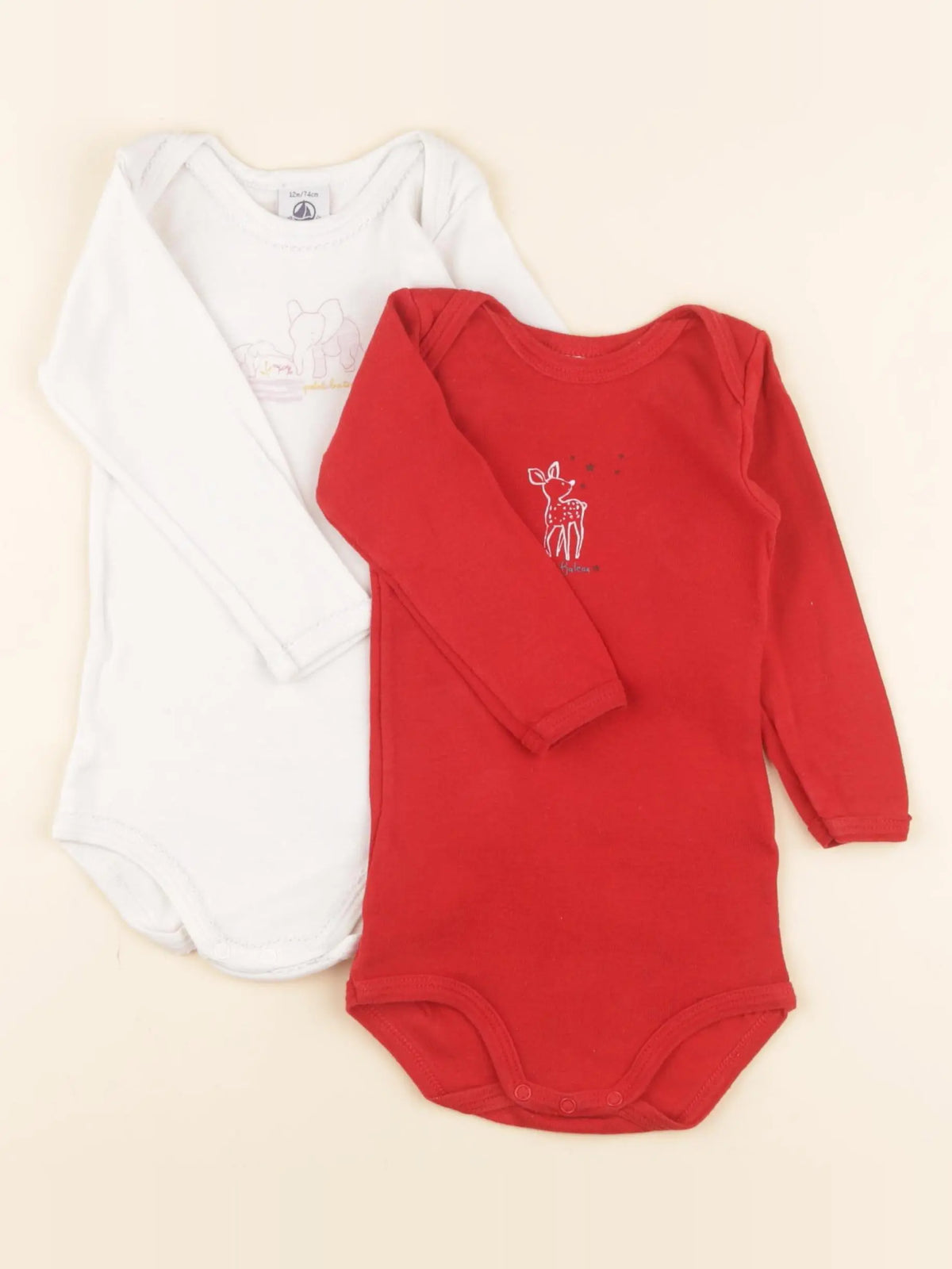 Petit Bateau - lot de 2 bodies en coton blanc, rouge - 12 mois