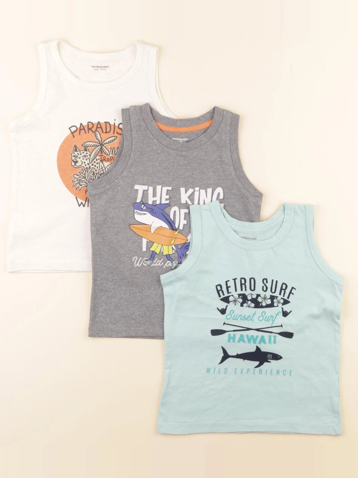 Vertbaudet - lot de 3 débardeurs blanc, bleu, gris - 4 ans