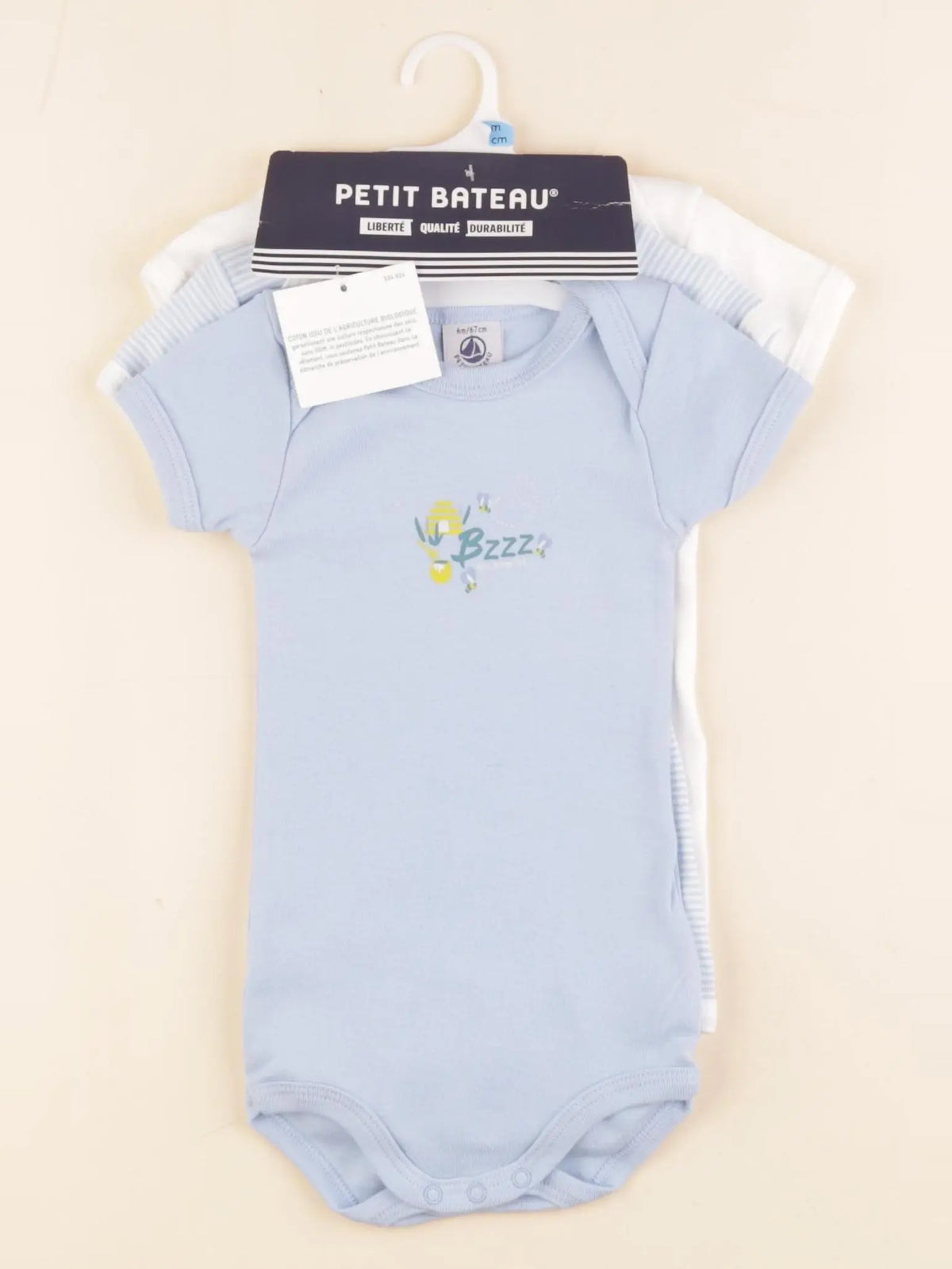Petit Bateau - lot de 3 bodies en coton blanc, bleu - 6 mois