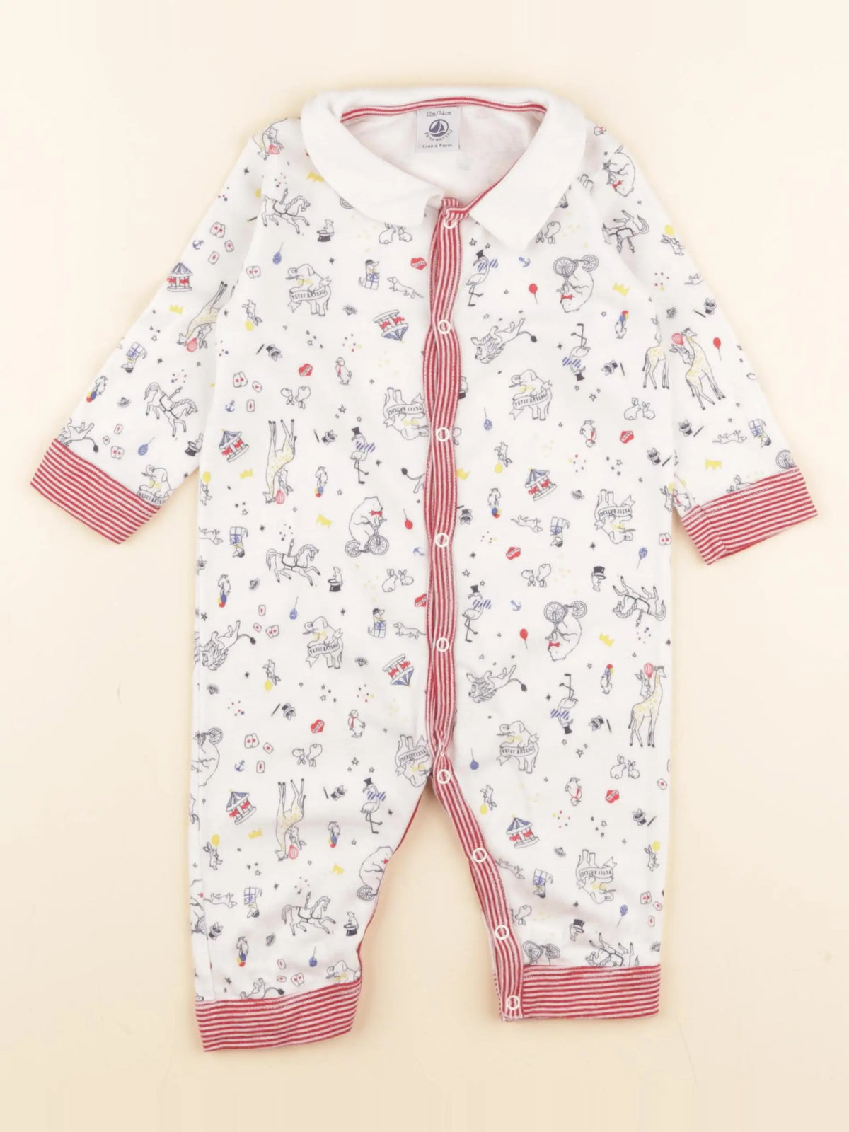 Petit Bateau - pyjama coton blanc, rouge - 12 mois