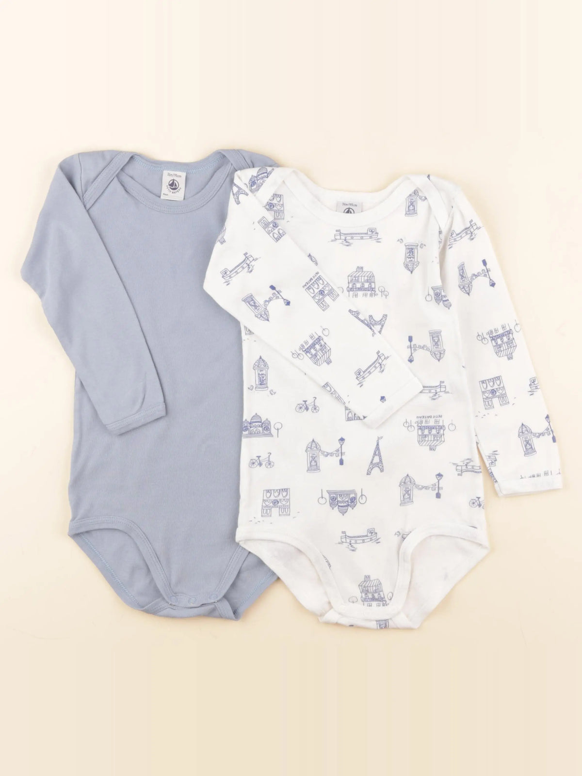 Petit Bateau - lot de 2 bodies en coton blanc, bleu - 36 mois