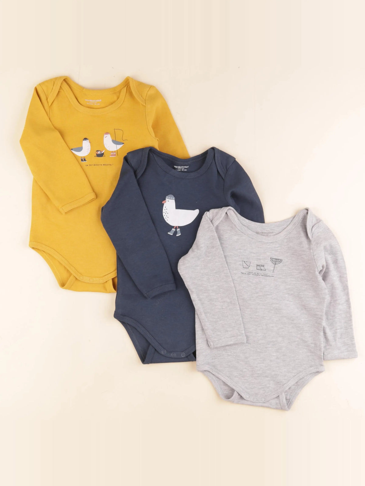 Vertbaudet - lot de 3 bodies en coton gris, bleu, jaune - 18 mois