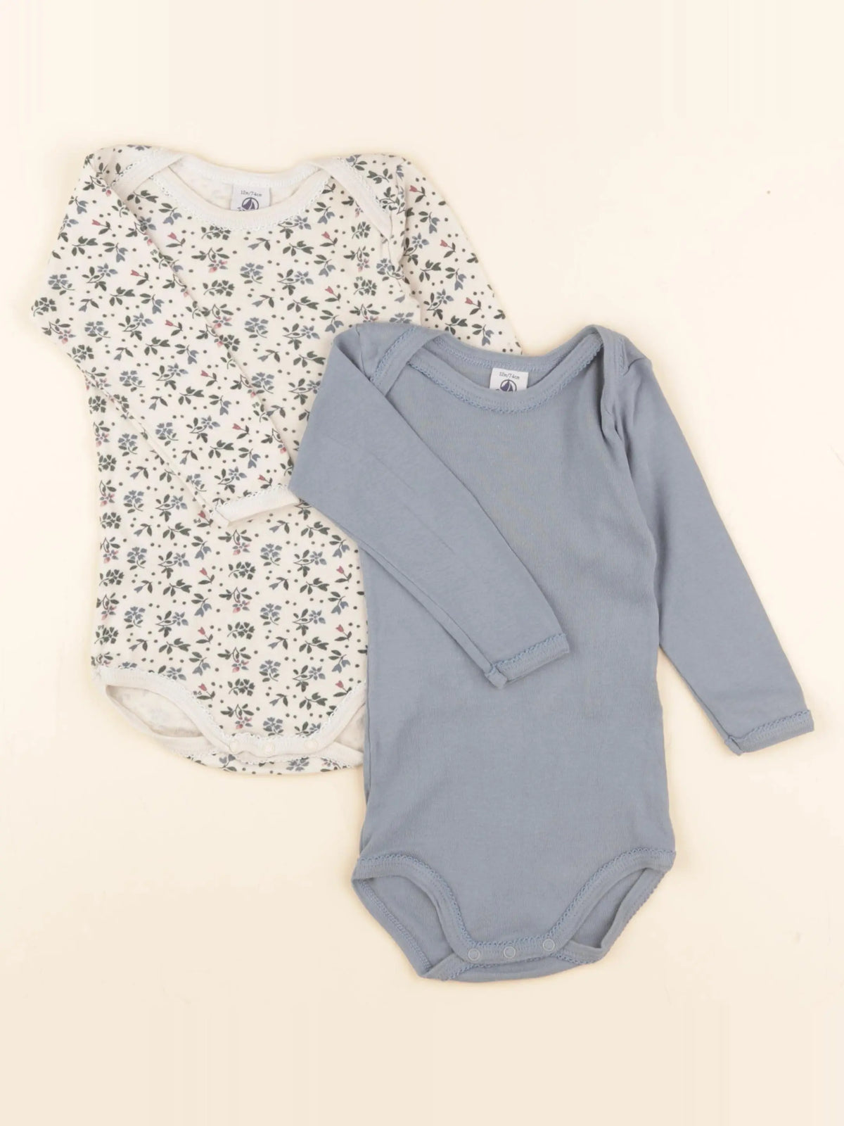 Petit Bateau - lot de 2 bodies en coton bleu, beige - 12 mois
