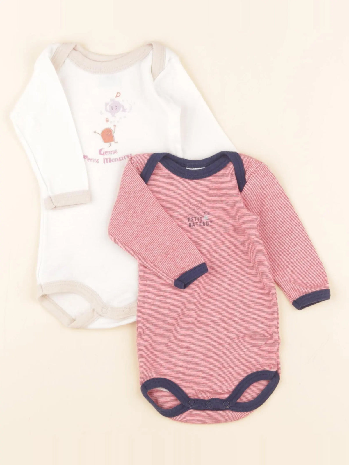 Petit Bateau - lot de 2 bodies en coton blanc, rouge - 3 mois
