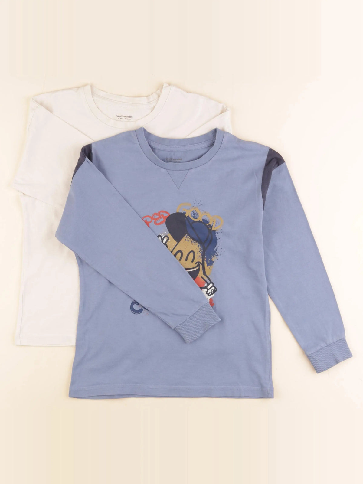 Vertbaudet - lot de 2 tee-shirts bleu, beige - 8 ans