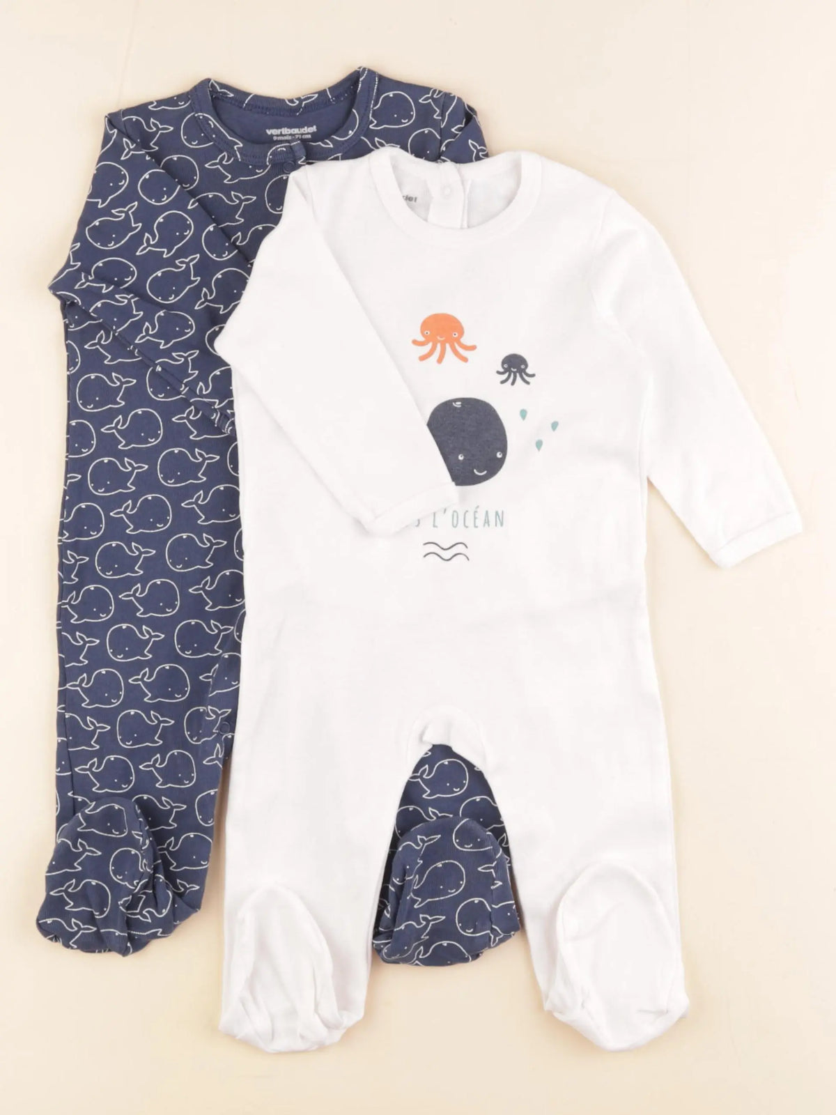Vertbaudet - lot de 2 pyjamas coton blanc, bleu - 9 mois