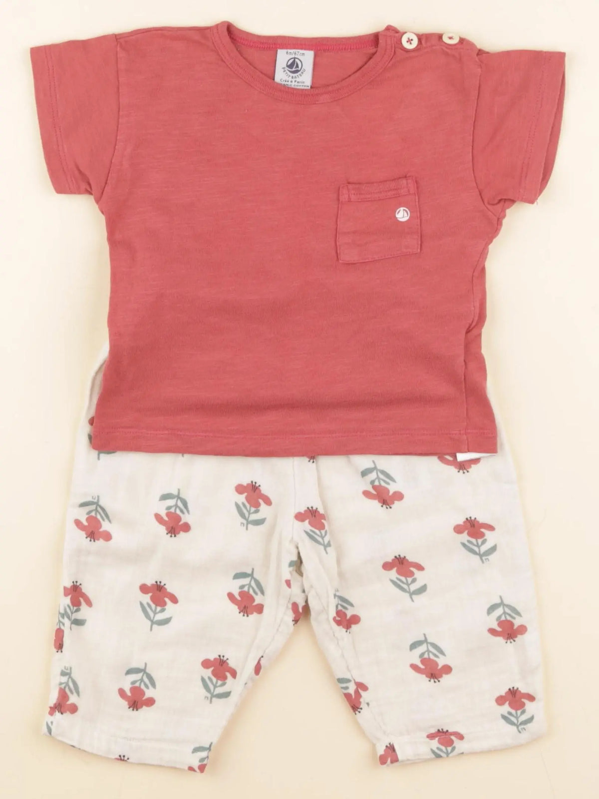 Petit Bateau - ensemble beige, rose - 6 mois