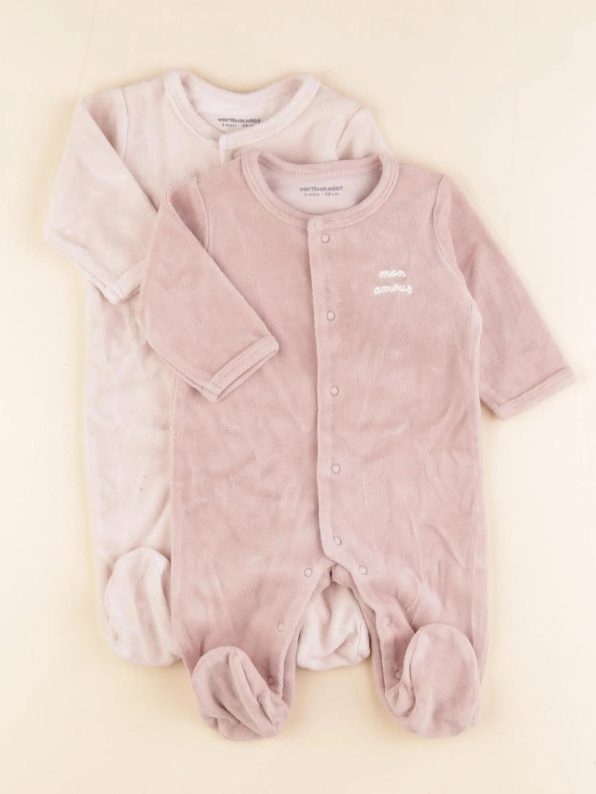 Vertbaudet - lot de 2 pyjamas velours rose - 3 mois