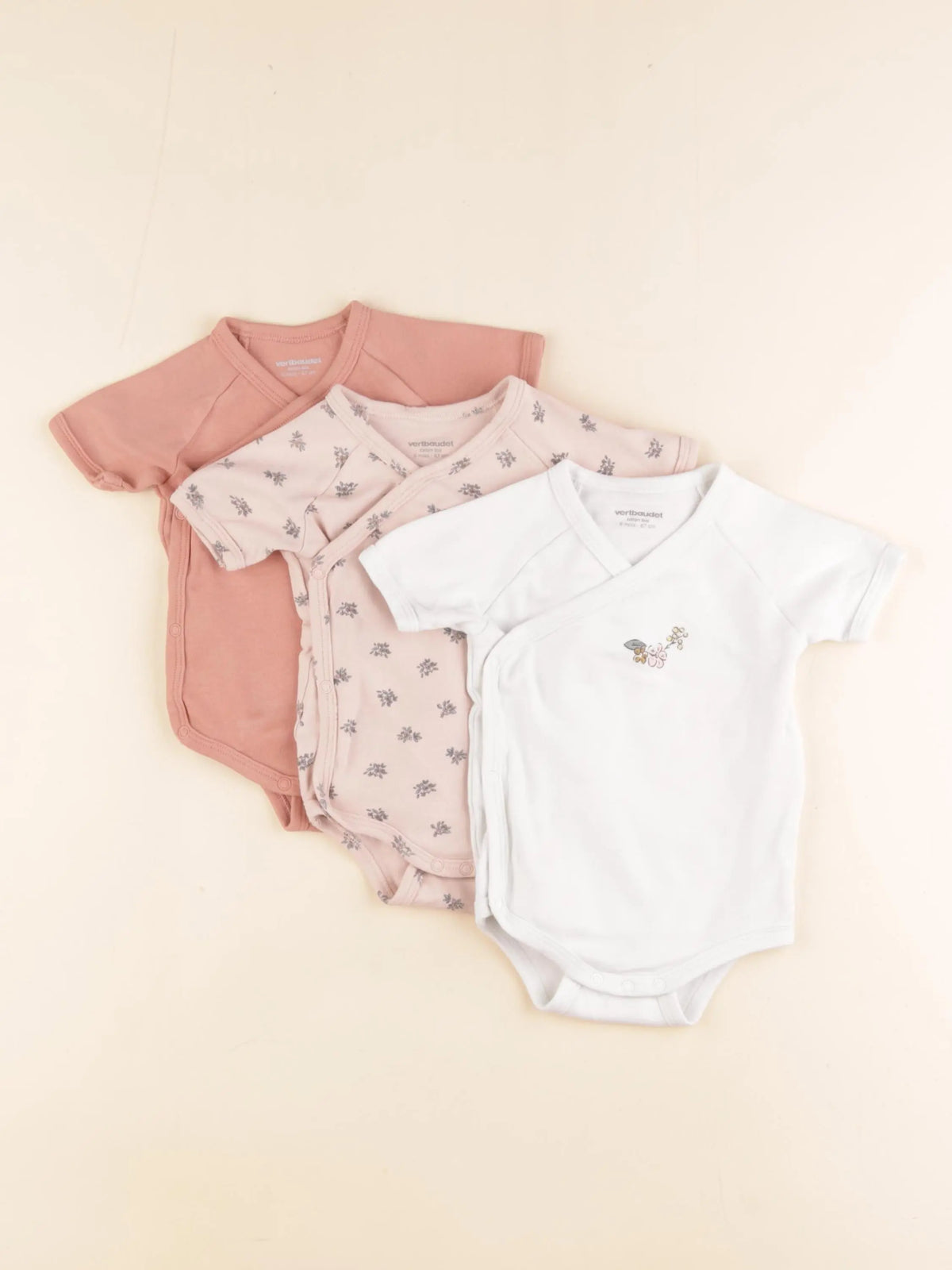 Vertbaudet - lot de 3 bodies en coton blanc, rose - 6 mois