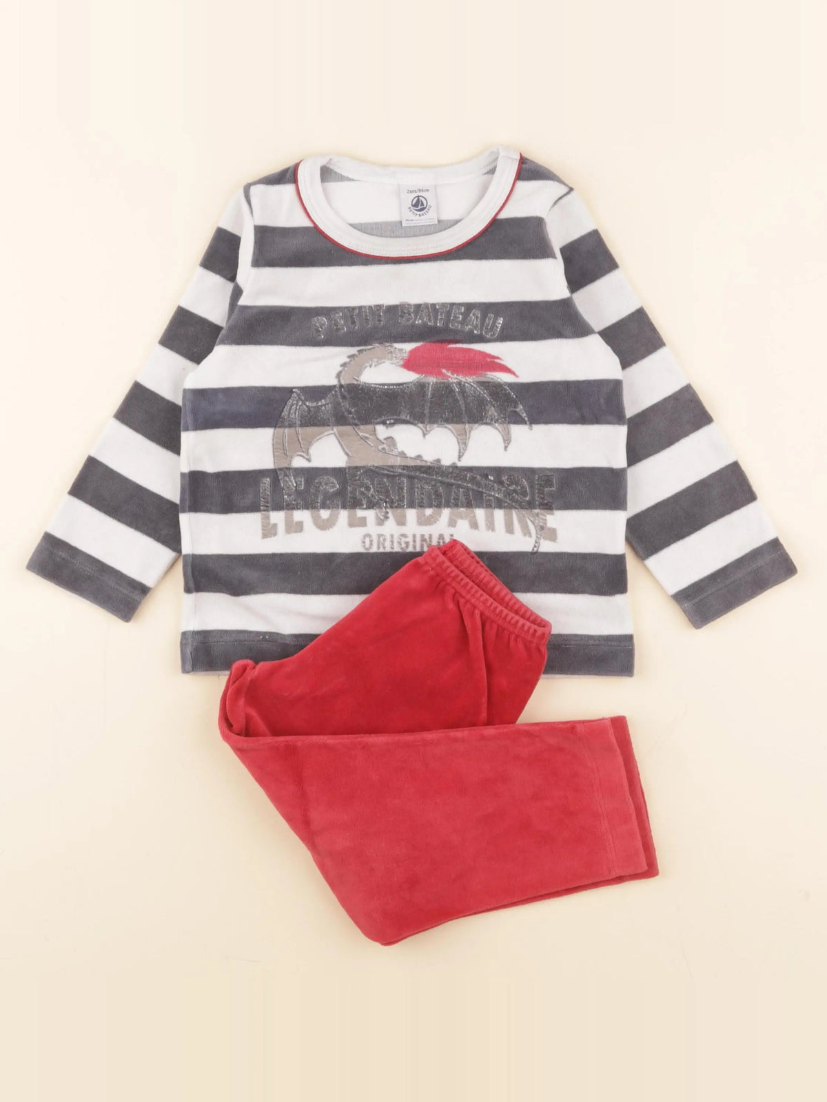 Petit Bateau - pyjama velours rouge, gris - 2 ans