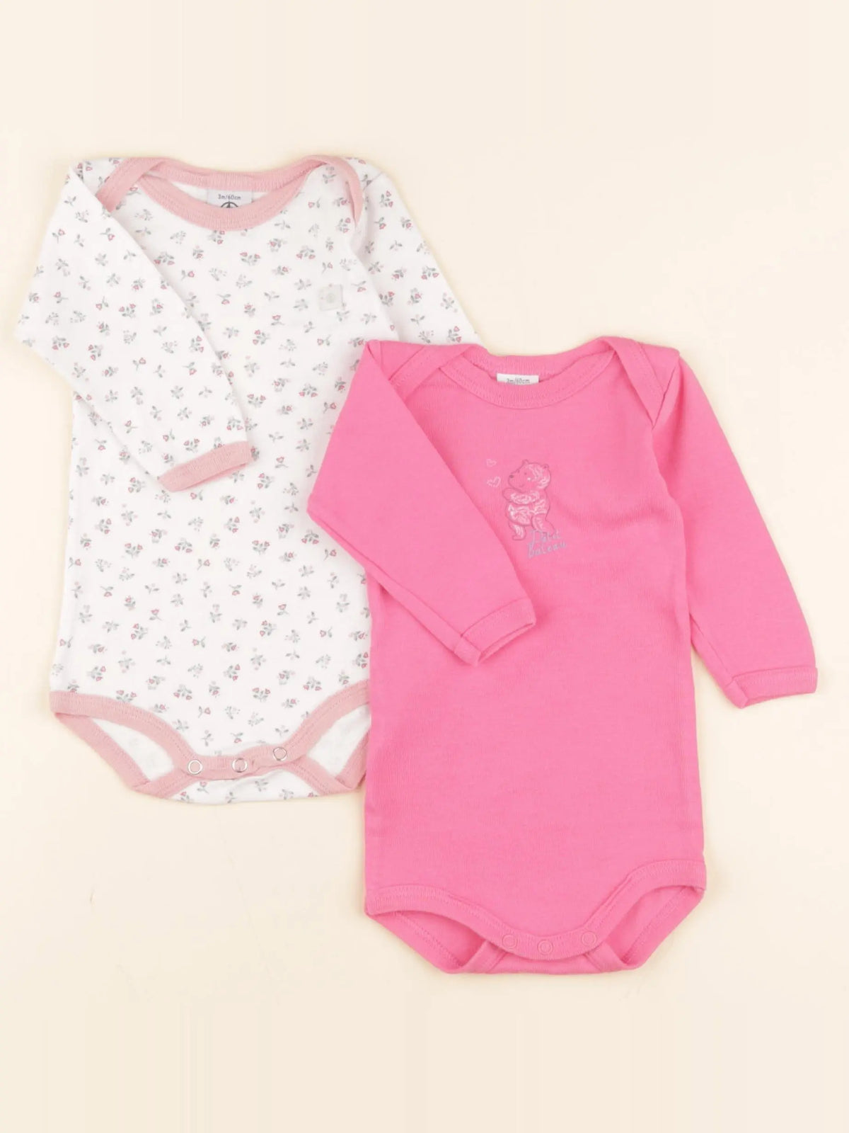 Petit Bateau - lot de 2 bodies en coton rose, blanc - 3 mois