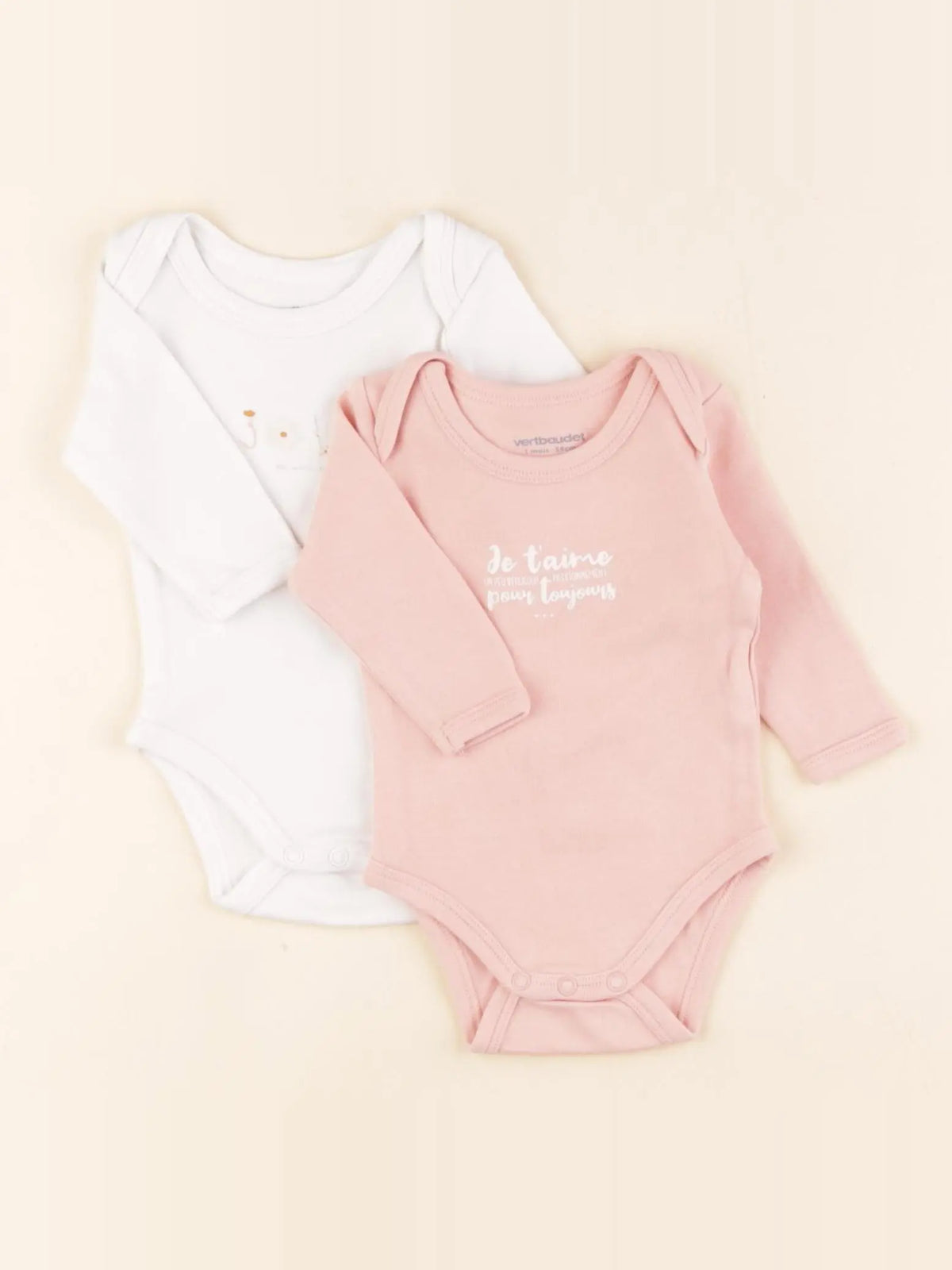 Vertbaudet - lot de 2 bodies en coton blanc, rose - 1 mois