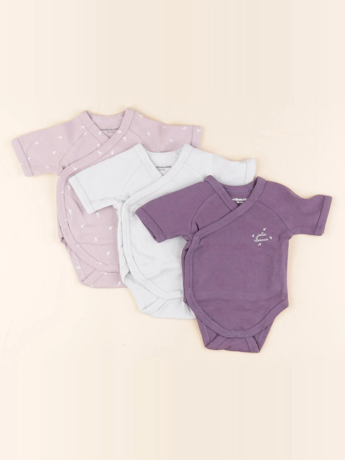 Vertbaudet - lot de 3 bodies en coton violet - 0 mois