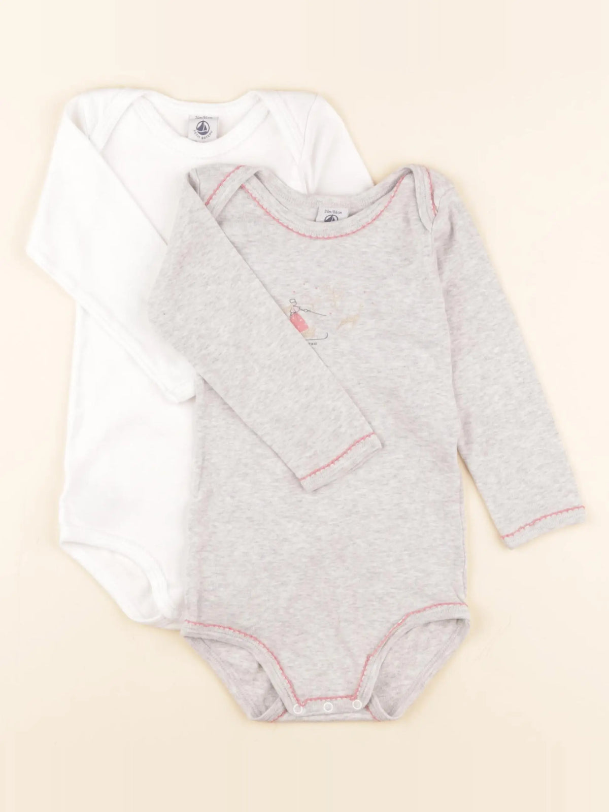 Petit Bateau - lot de 2 bodies en coton gris, blanc - 24 mois