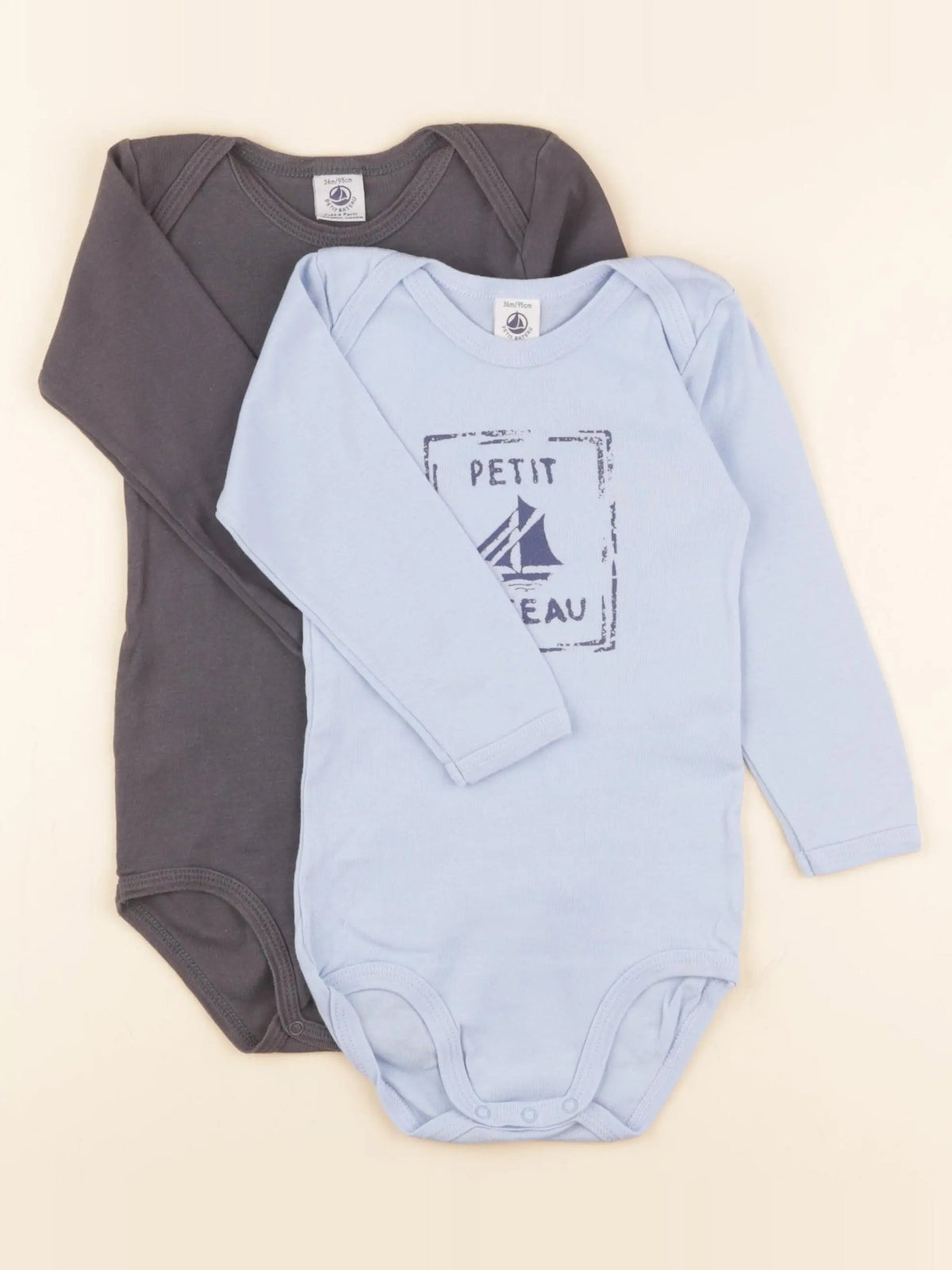 Petit Bateau - lot de 2 bodies en coton bleu, gris - 36 mois