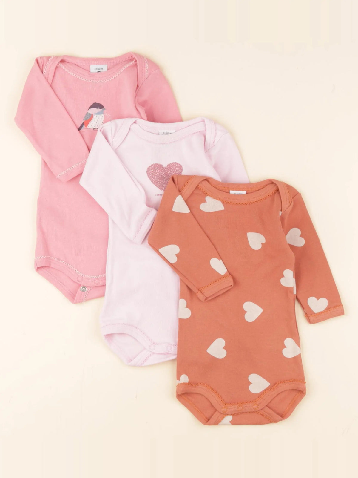 Petit Bateau - lot de 3 bodies en coton rose, marron - 3 mois