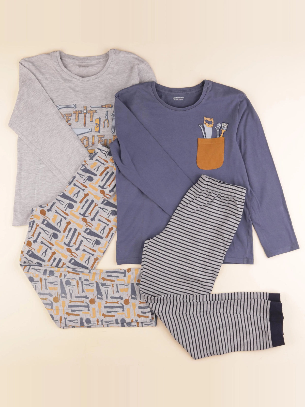 Vertbaudet - lot de 2 pyjamas coton bleu, gris - 10 ans