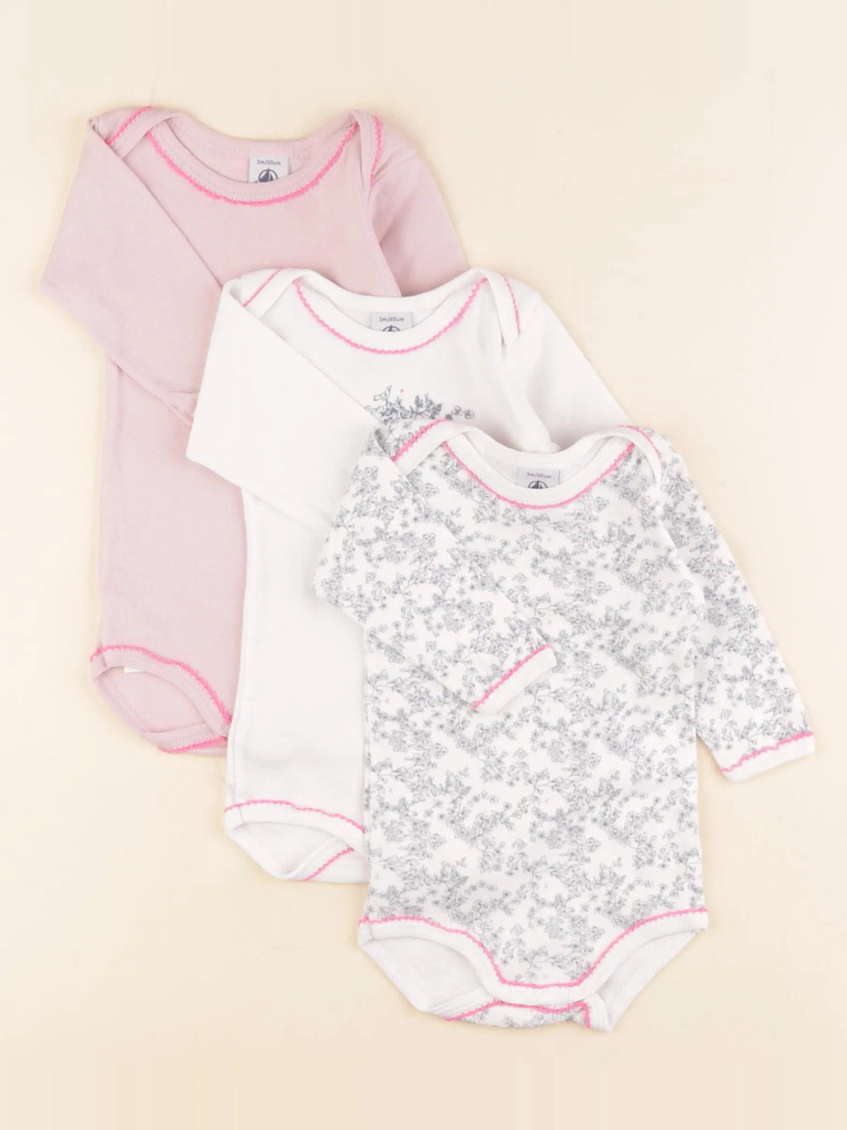 Petit Bateau - lot de 3 bodies en coton rose, bleu - 3 mois