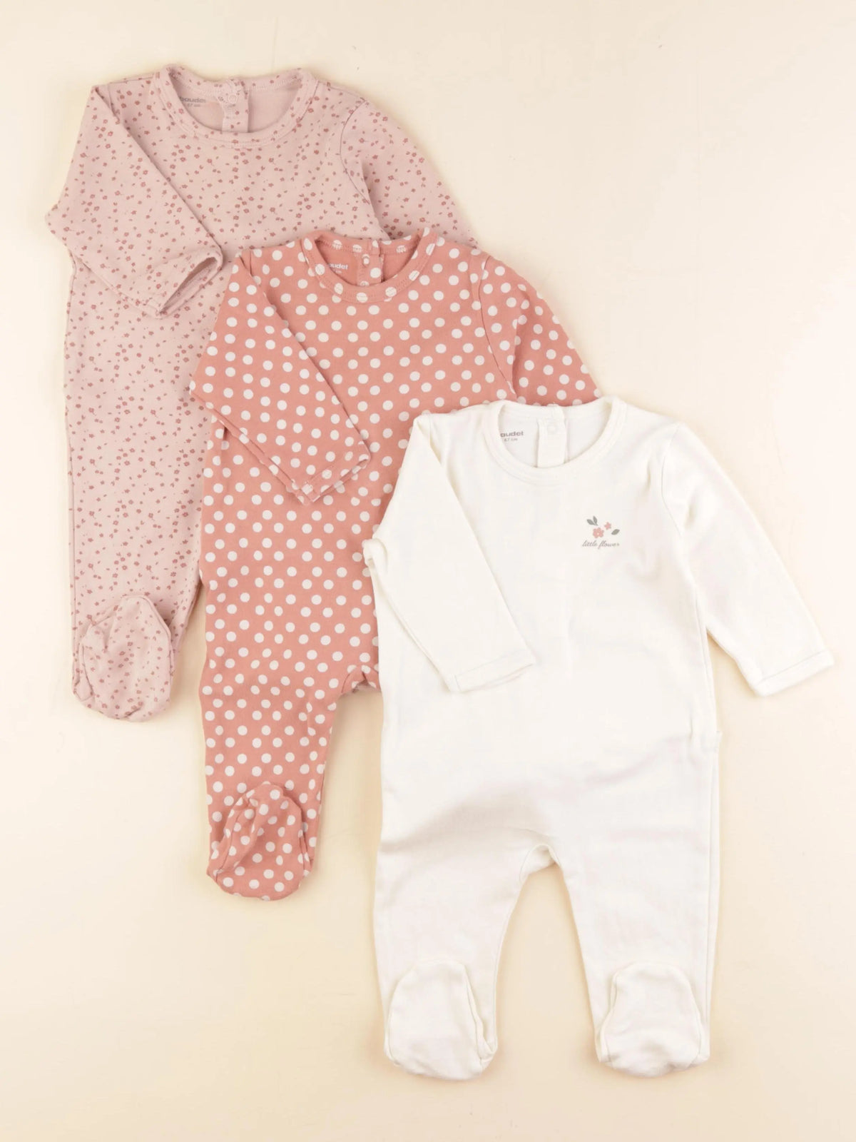 Vertbaudet - lot de 3 pyjamas coton blanc, rose - 6 mois