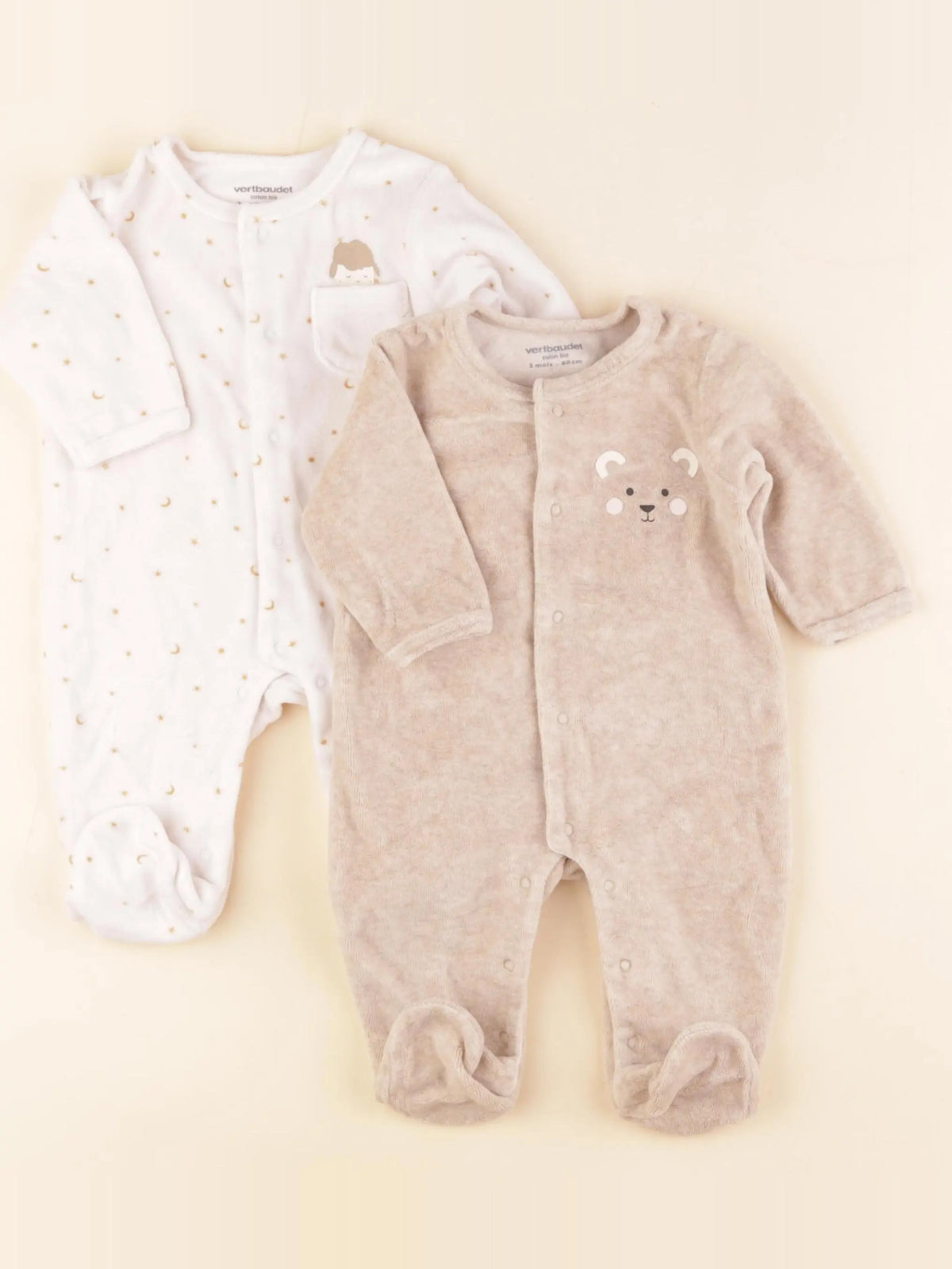 Vertbaudet - lot de 2 pyjamas velours blanc, marron - 3 mois