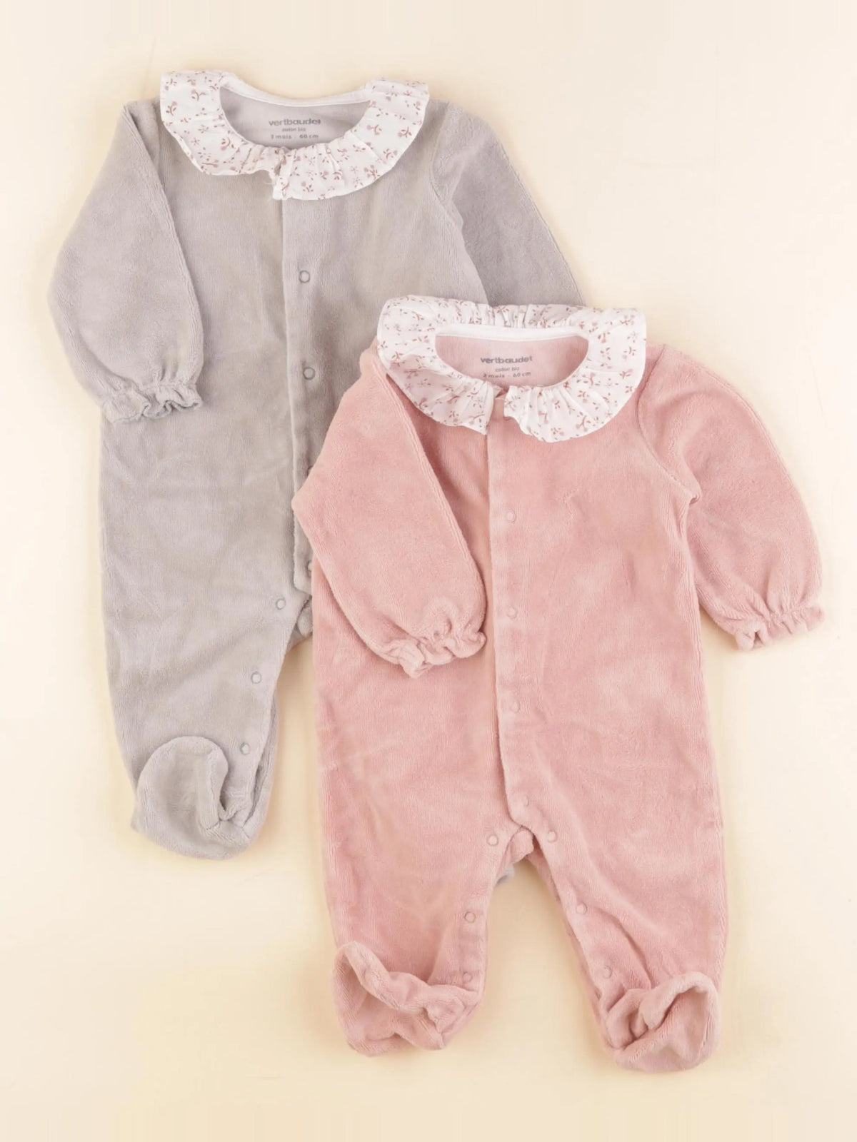 Vertbaudet - lot de 2 pyjamas velours rose, vert - 3 mois