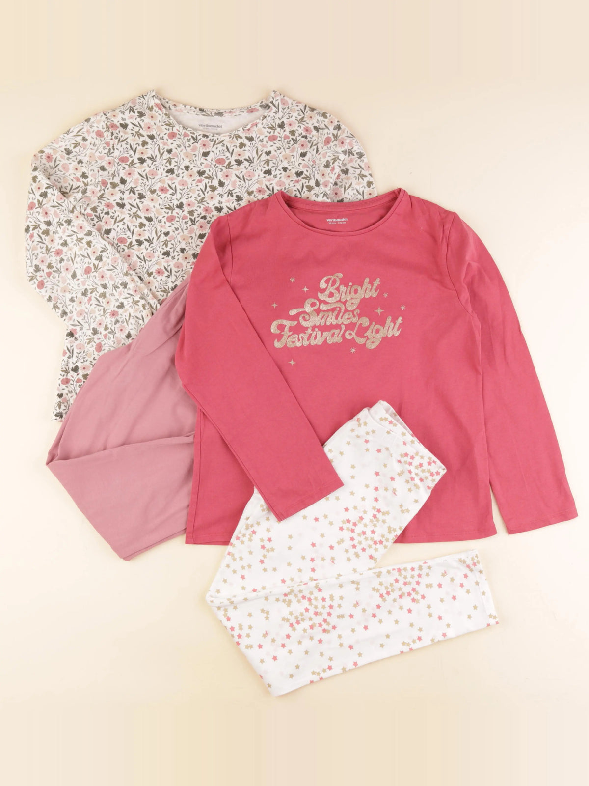 Vertbaudet - lot de 2 pyjamas coton blanc, rose - 10 ans