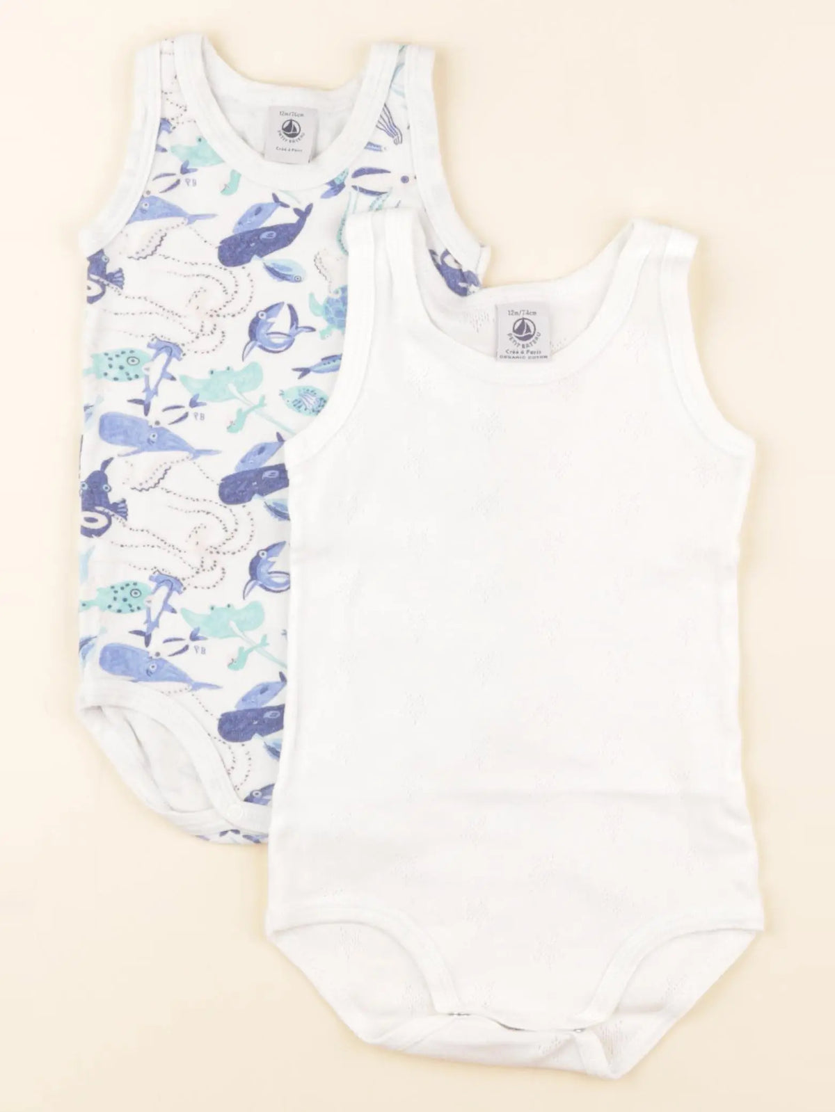 Petit Bateau - lot de 2 bodies en coton bleu, blanc - 12 mois