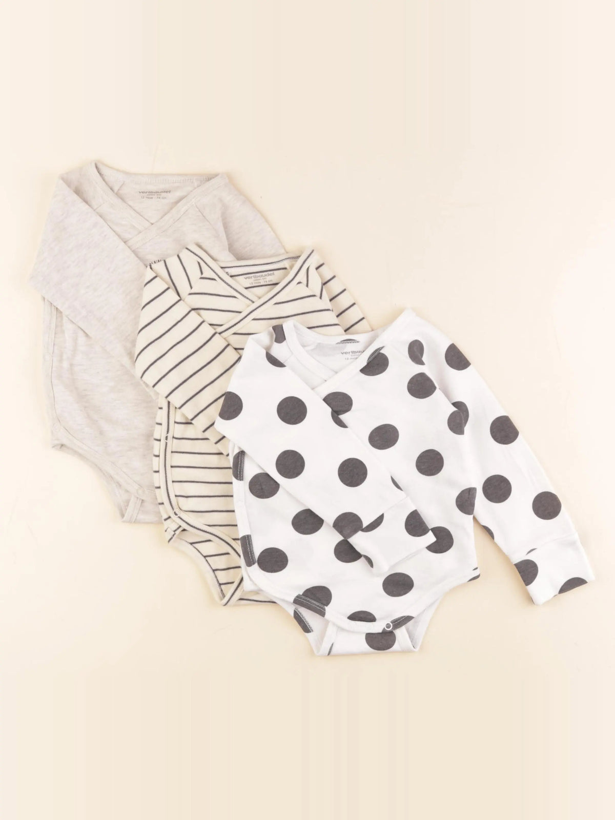 Vertbaudet - lot de 3 bodies en coton beige, noir, gris - 12 mois