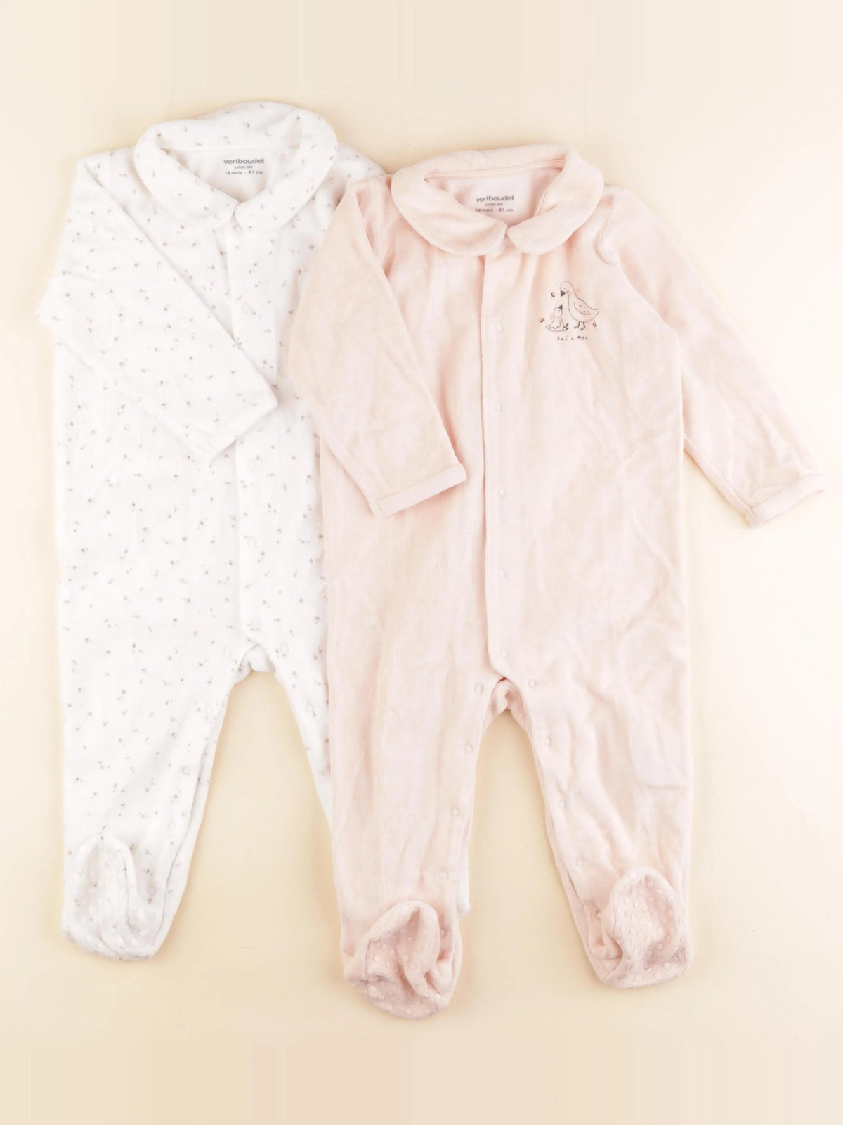 Vertbaudet - lot de 2 pyjamas velours blanc, rose - 18 mois