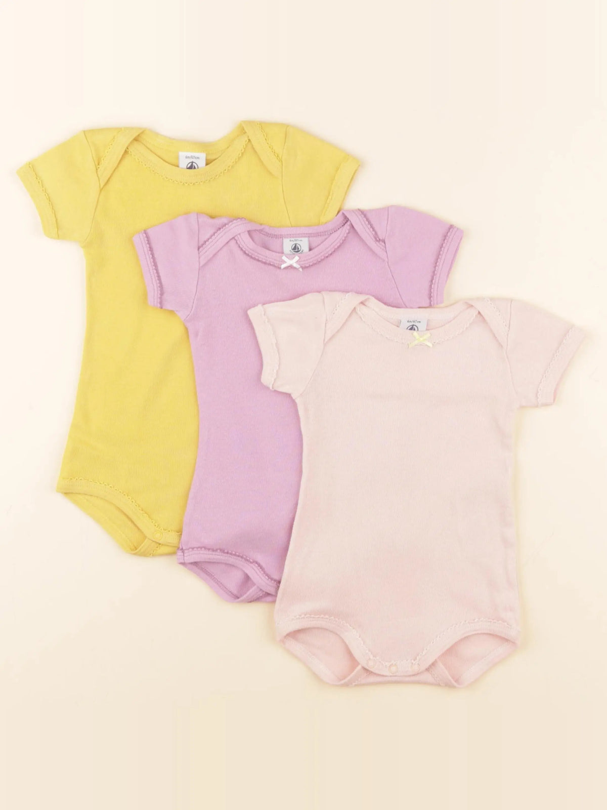 Petit Bateau - lot de 3 bodies en coton jaune, rose - 6 mois