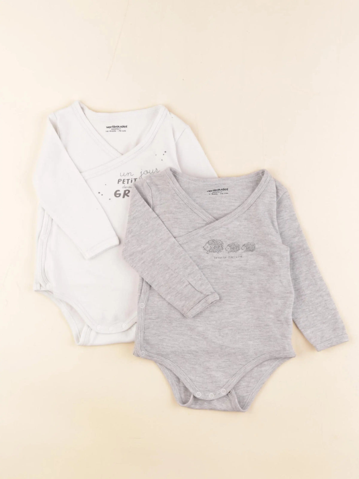 Vertbaudet - lot de 2 bodies en coton gris, blanc - 12 mois