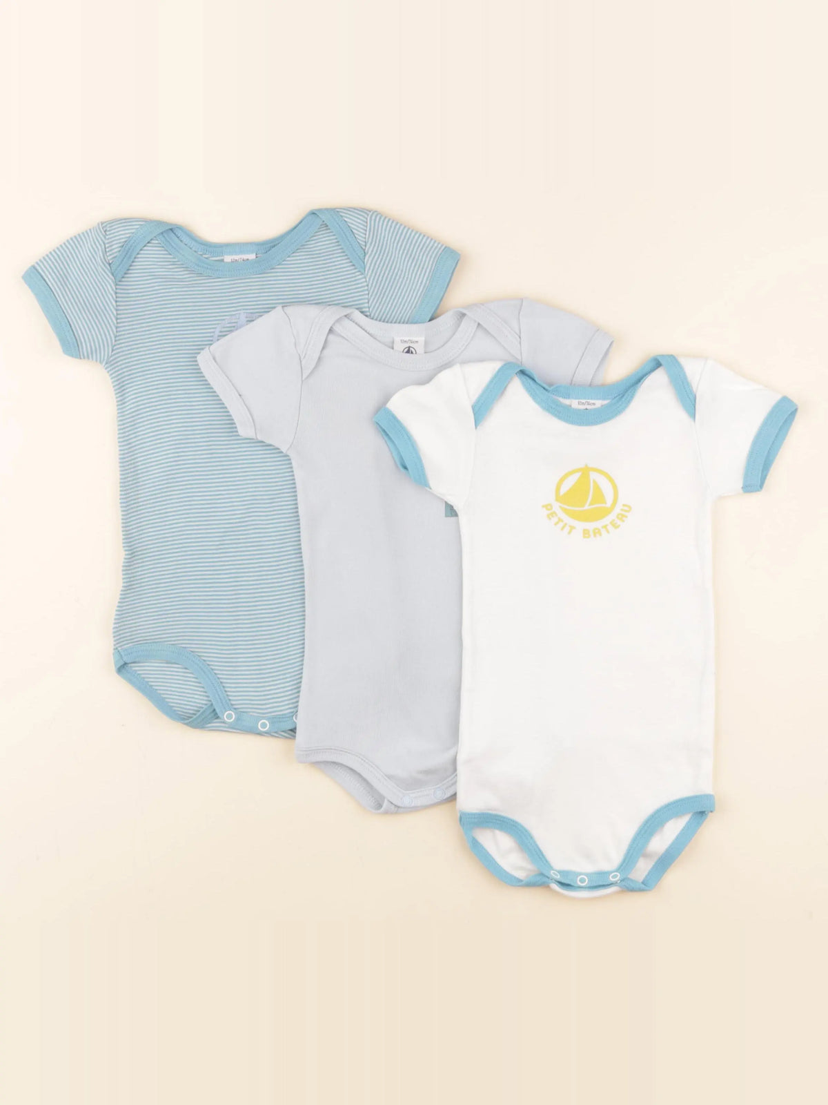 Petit Bateau - lot de 3 bodies en coton bleu, blanc - 12 mois