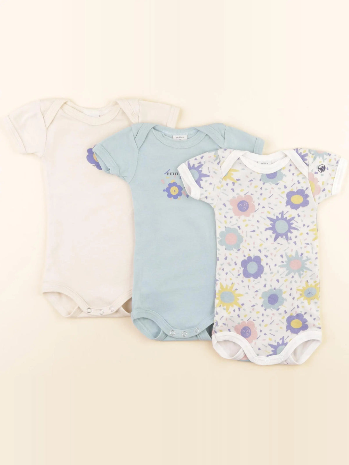 Petit Bateau - lot de 3 bodies en coton bleu, beige - 3 mois
