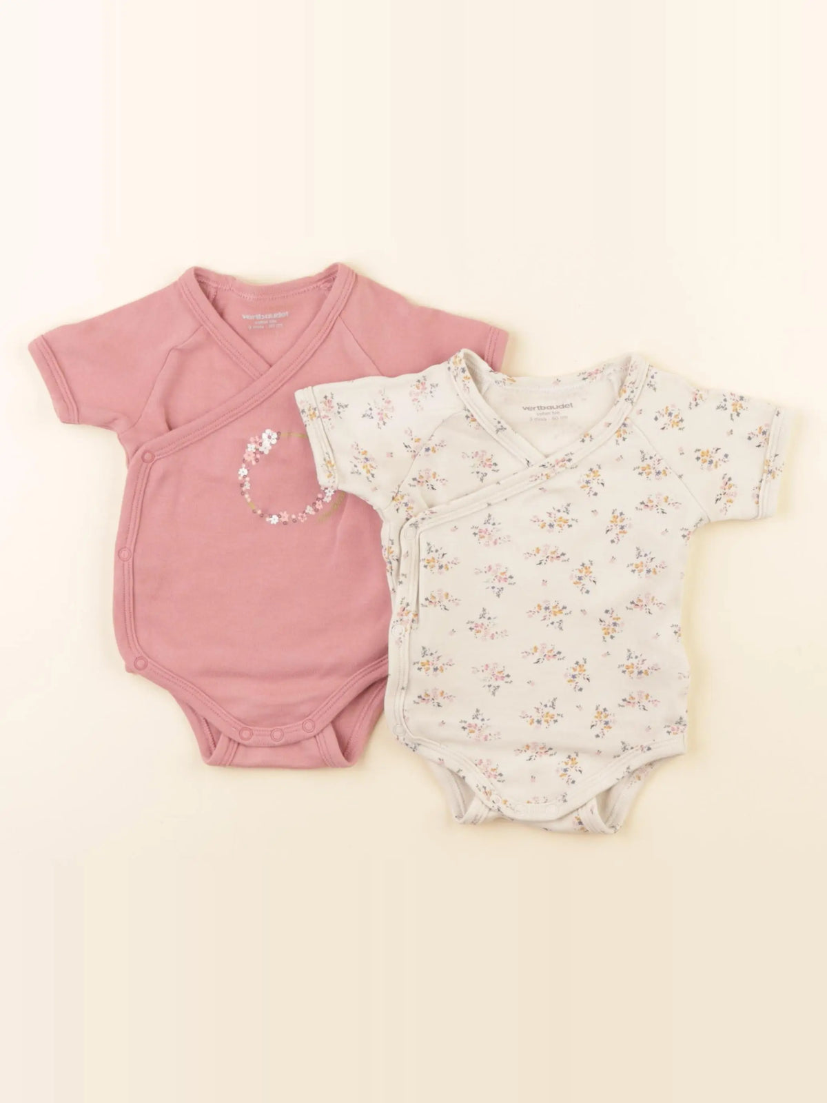 Vertbaudet - lot de 2 bodies en coton rose, beige - 3 mois