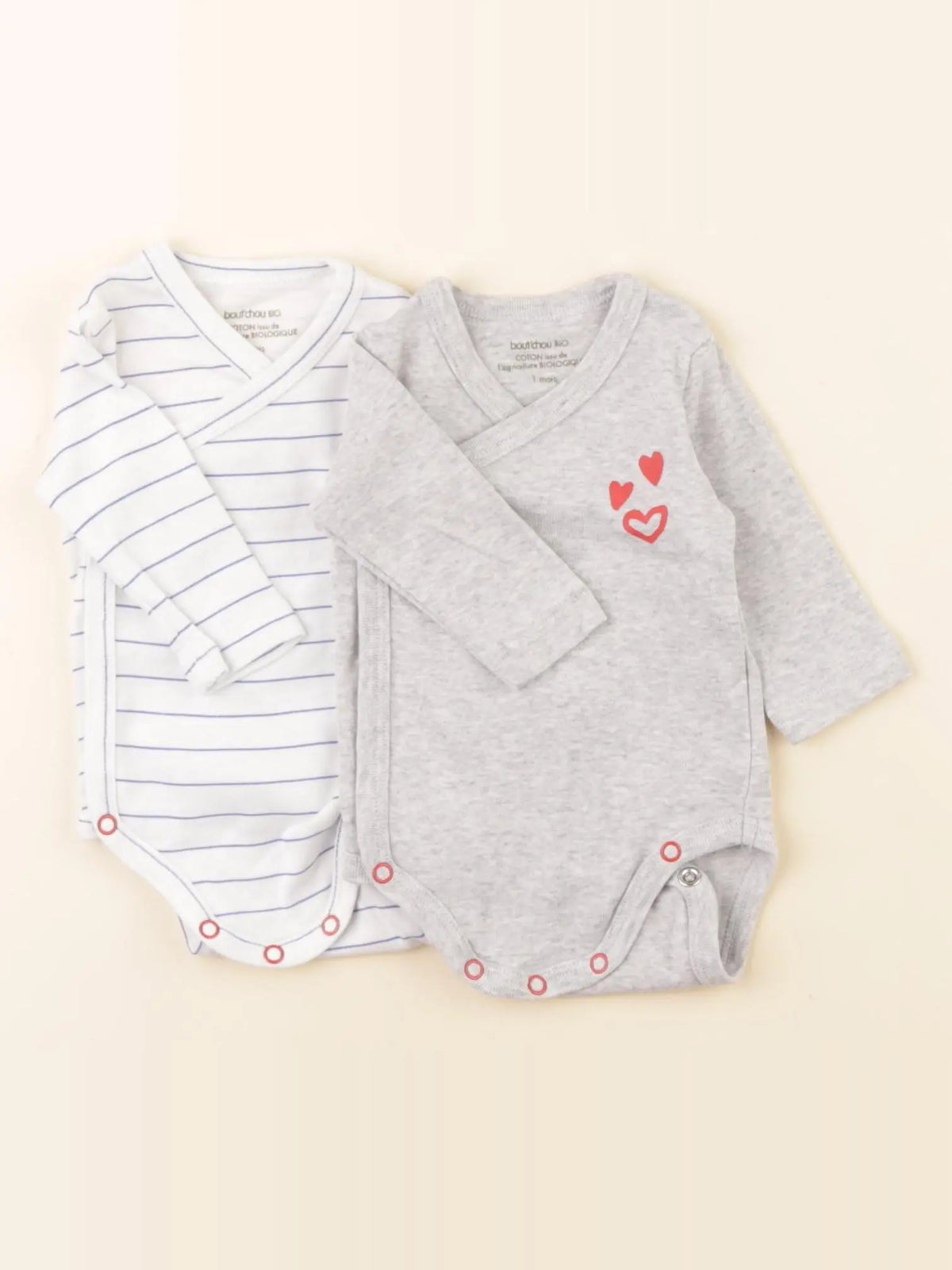 Boutchou - lot de 2 bodies en coton blanc, gris - 1 mois