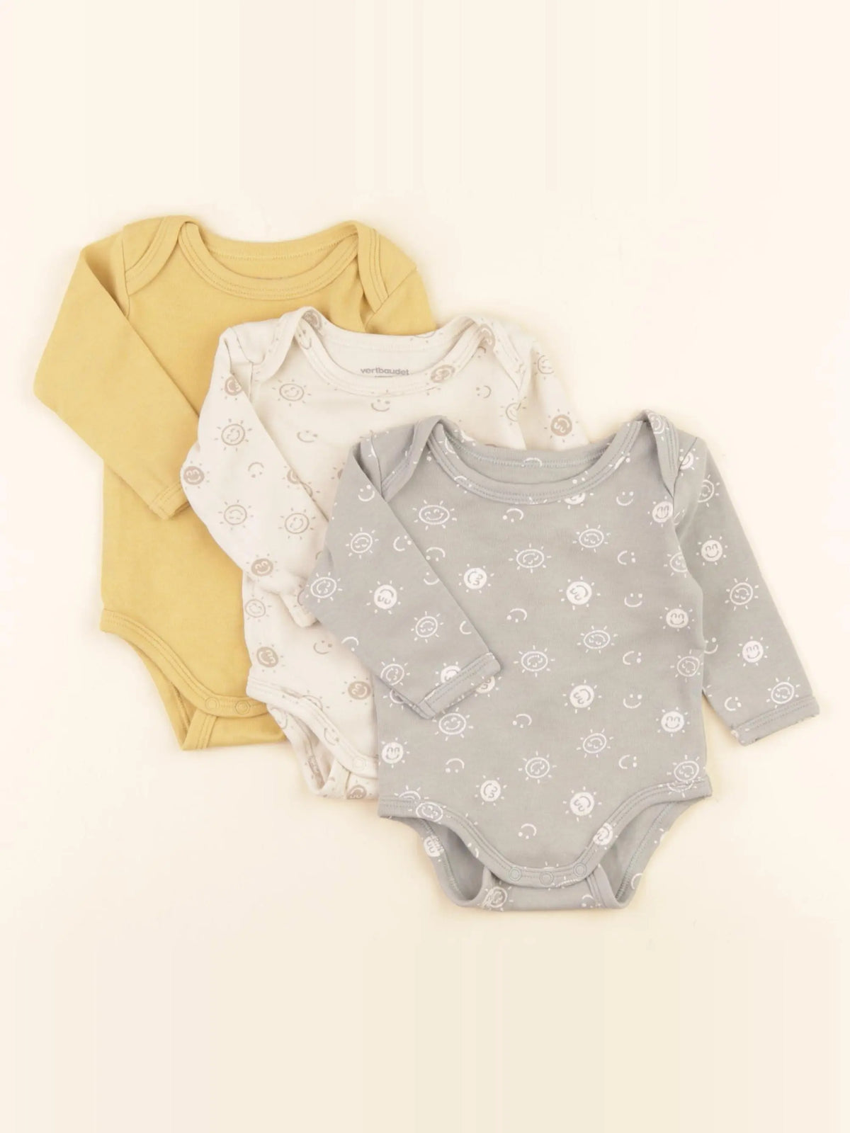 Vertbaudet - lot de 3 bodies en coton vert, beige, jaune - 3 mois