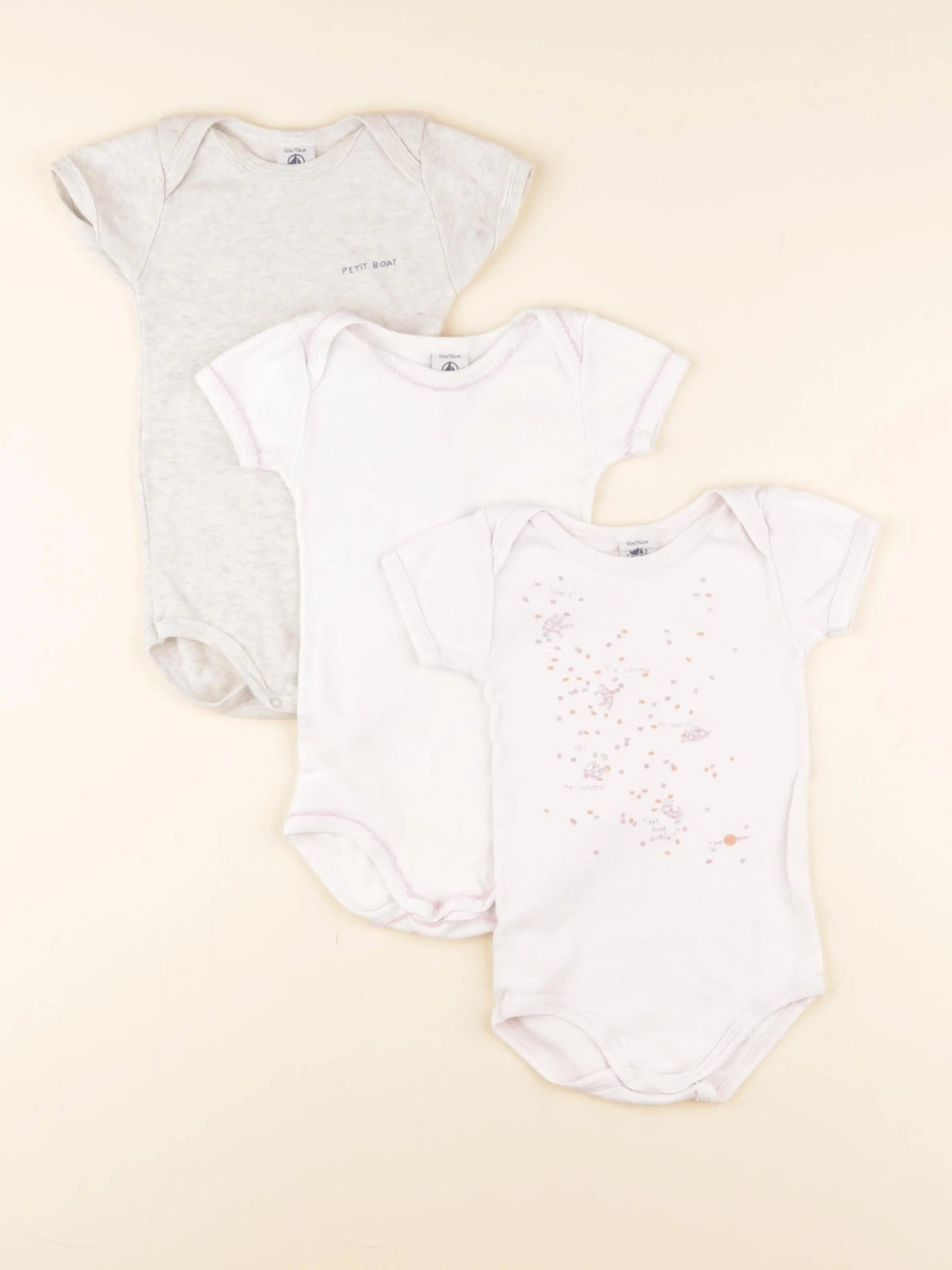 Petit Bateau - lot de 3 bodies en coton blanc, rose - 12 mois