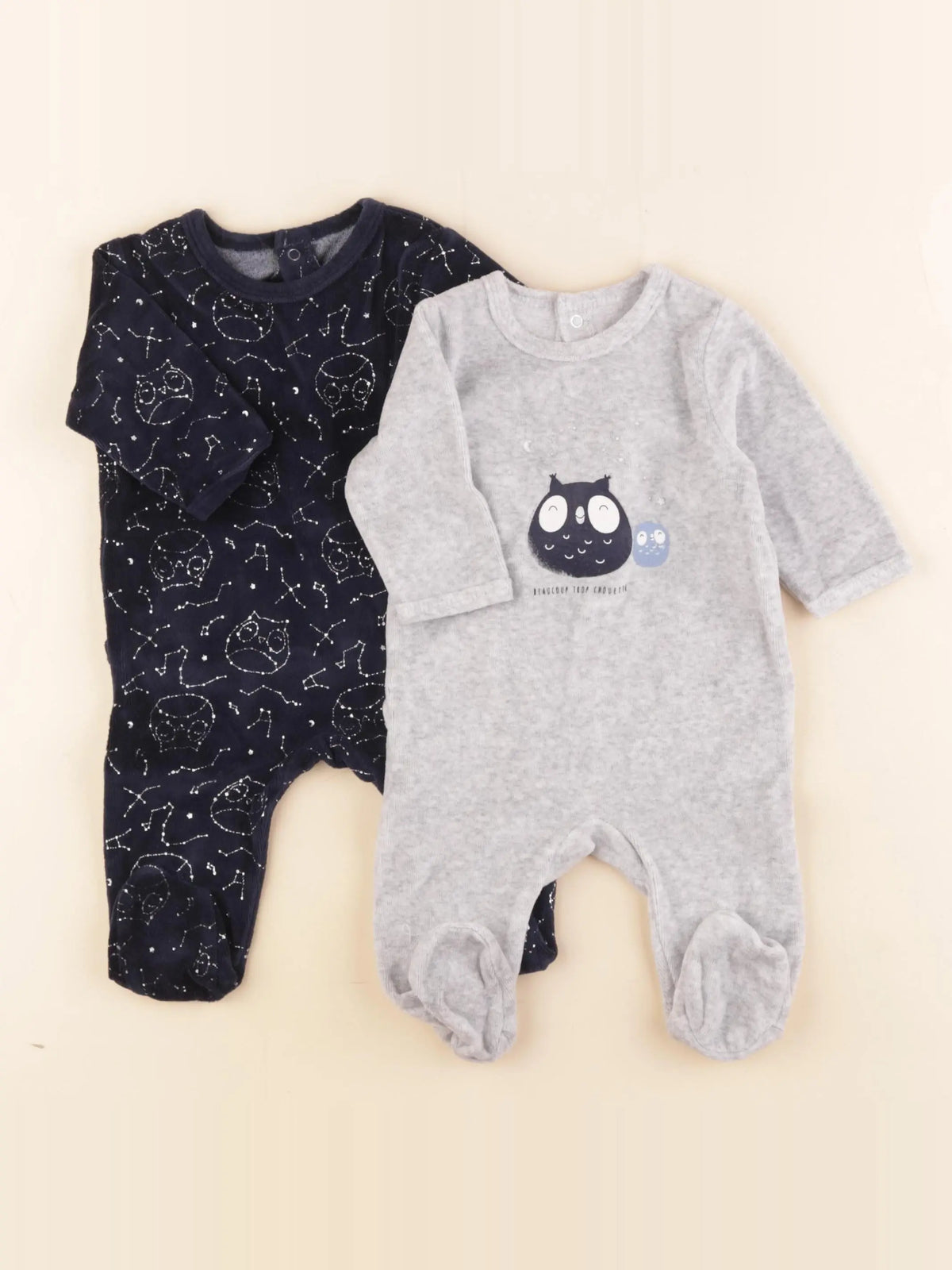 Vertbaudet - pyjama velours bleu, gris - 3 mois