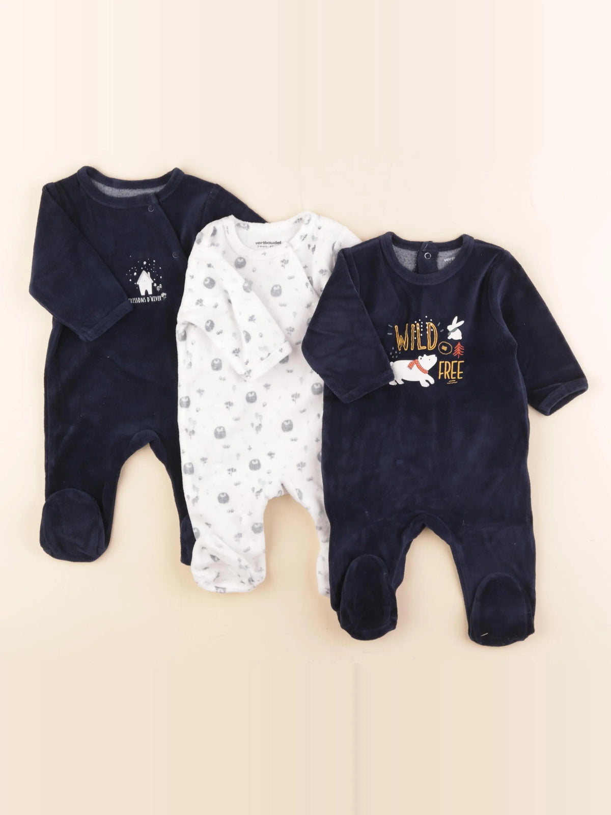 Vertbaudet - lot de 3 pyjamas velours bleu, blanc - 3 mois
